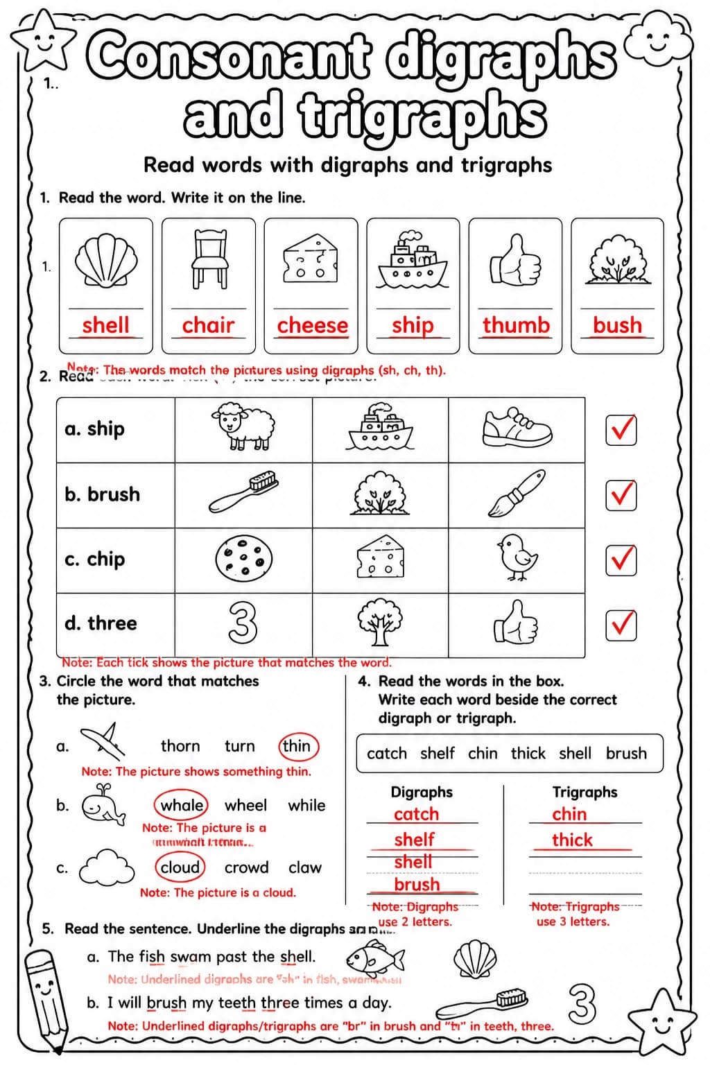 Answer key for Read words with digraphs and trigraphs — free printable English & Reading worksheet