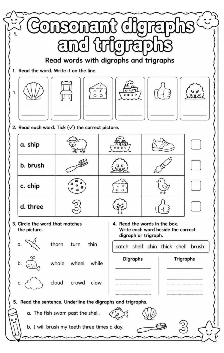 Read words with digraphs and trigraphs — free printable Reading foundations English worksheet