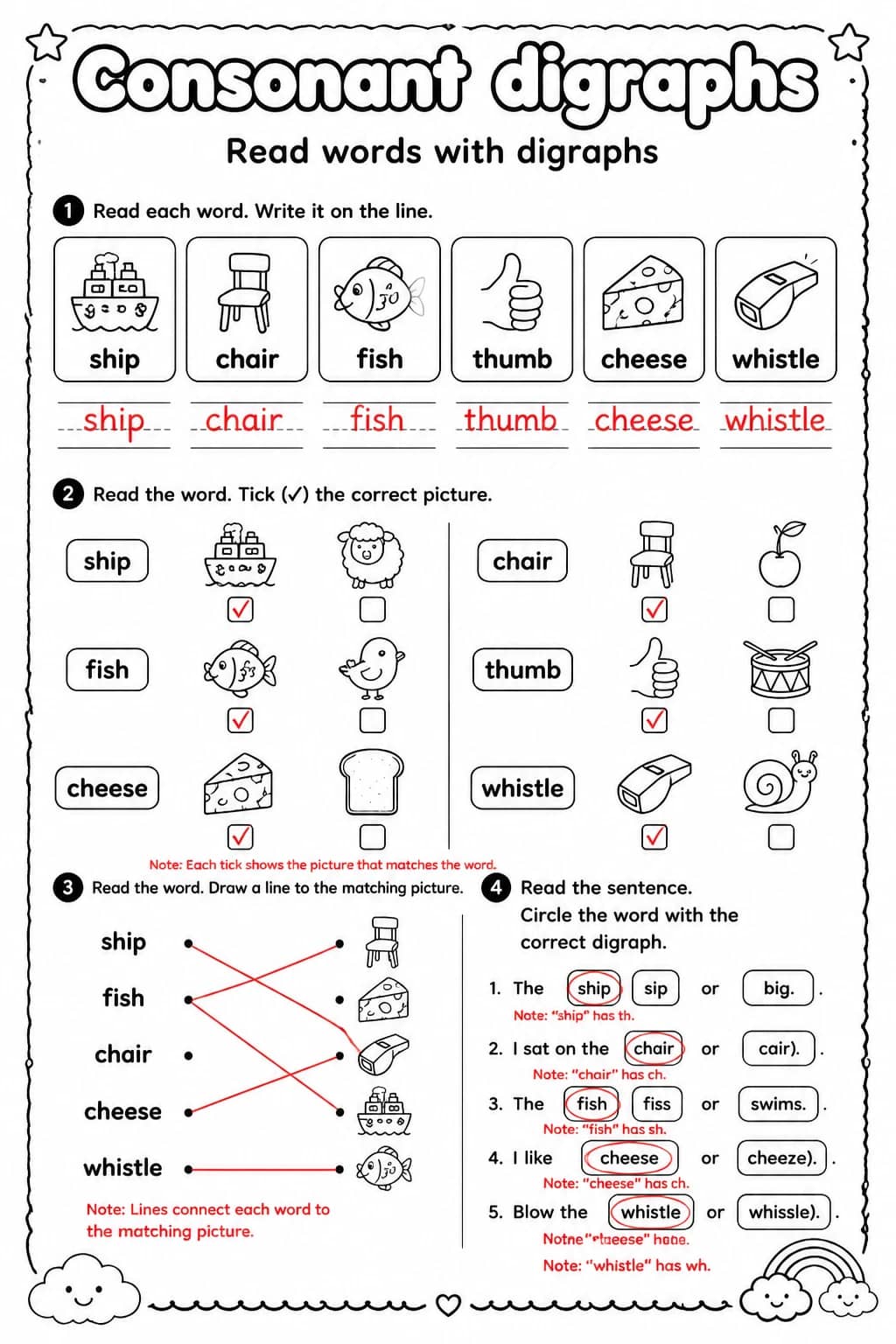 Answer key for Read words with digraphs — free printable English & Reading worksheet