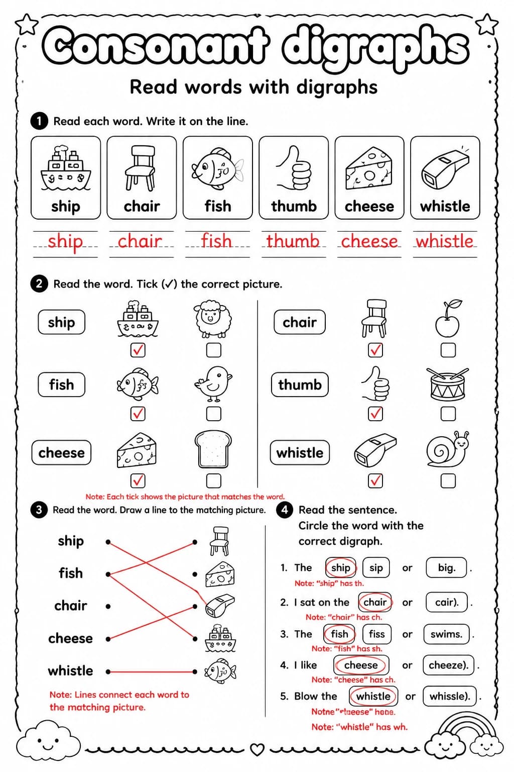 Answer key for Read words with digraphs — free printable English & Reading worksheet
