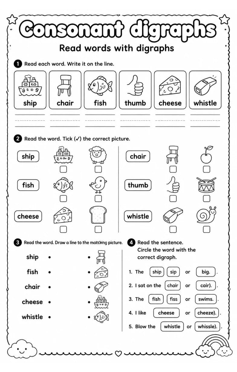 Read words with digraphs — free printable Grade 1 English & Reading worksheet