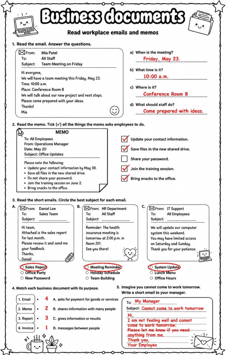 Answer key for Read workplace emails and memos — free printable English & Reading worksheet