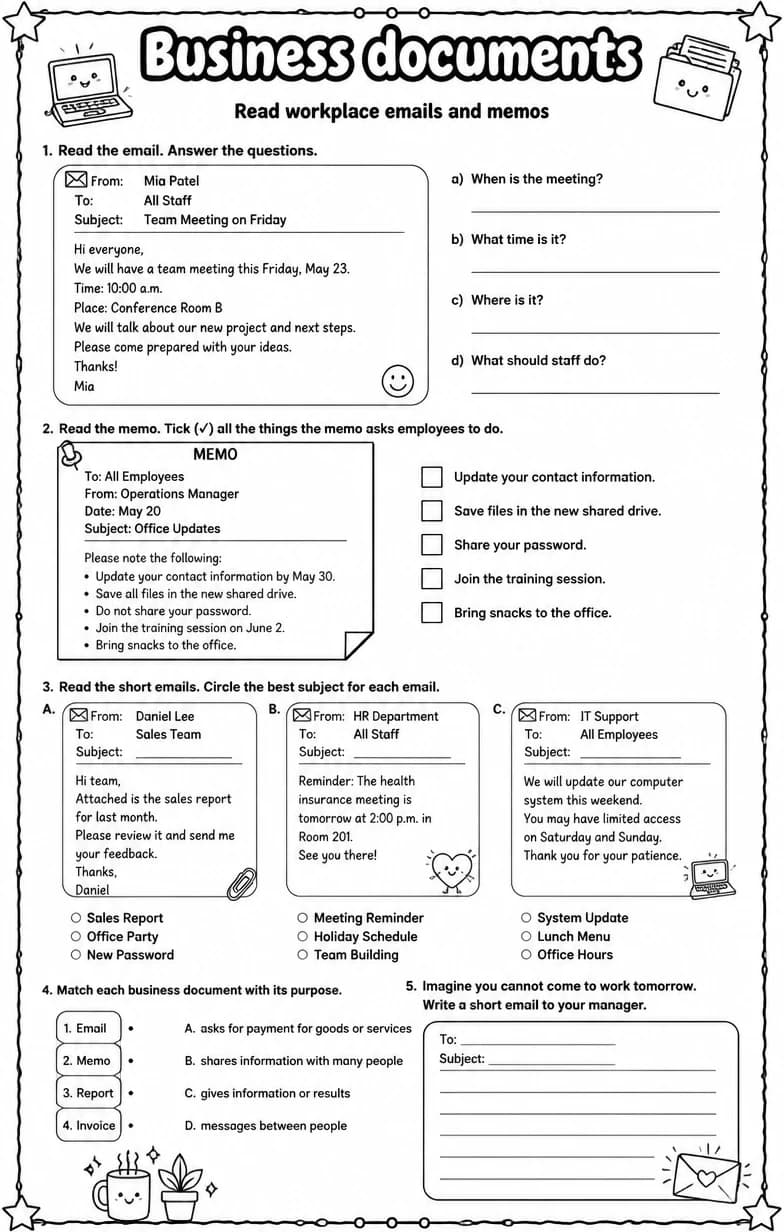 Read workplace emails and memos — free printable Reading strategies English worksheet