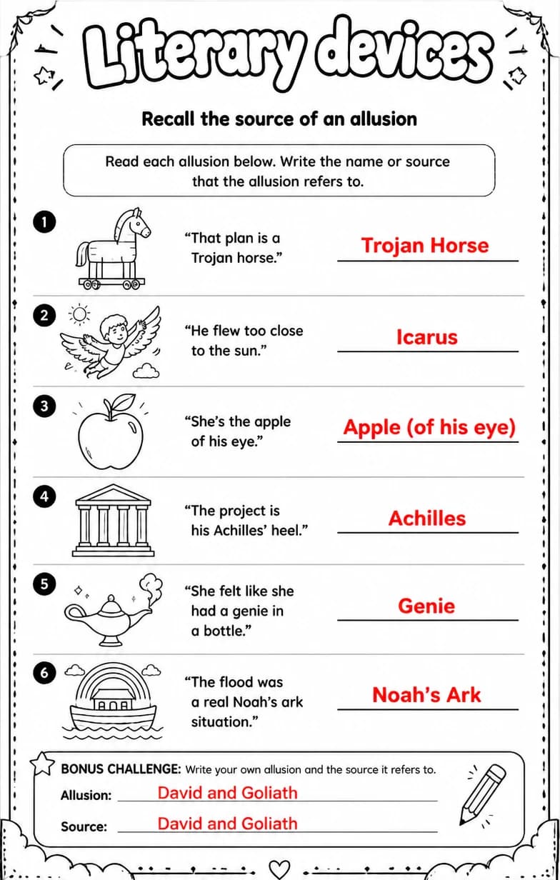 Answer key for Recall the source of an allusion — free printable English & Reading worksheet