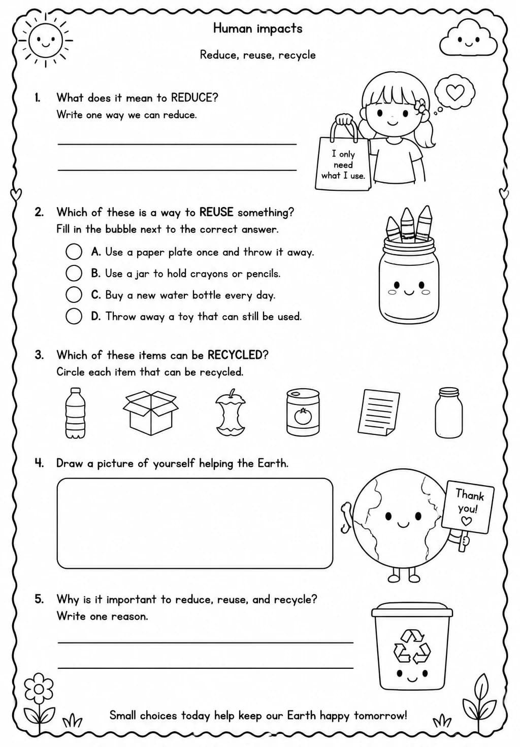 Reduce, reuse, recycle — free printable Kindergarten Science worksheet
