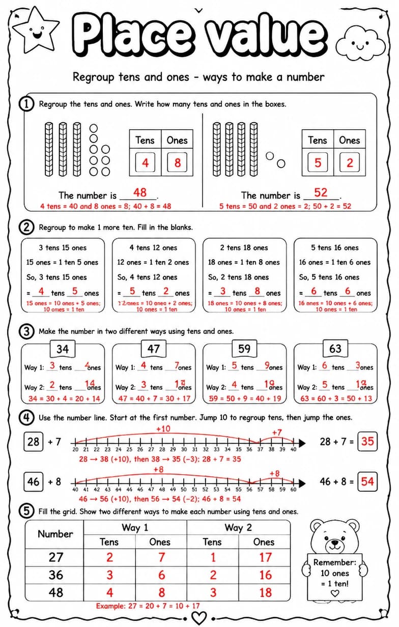 Answer key for Regroup tens and ones - ways to make a number — free printable Math worksheet