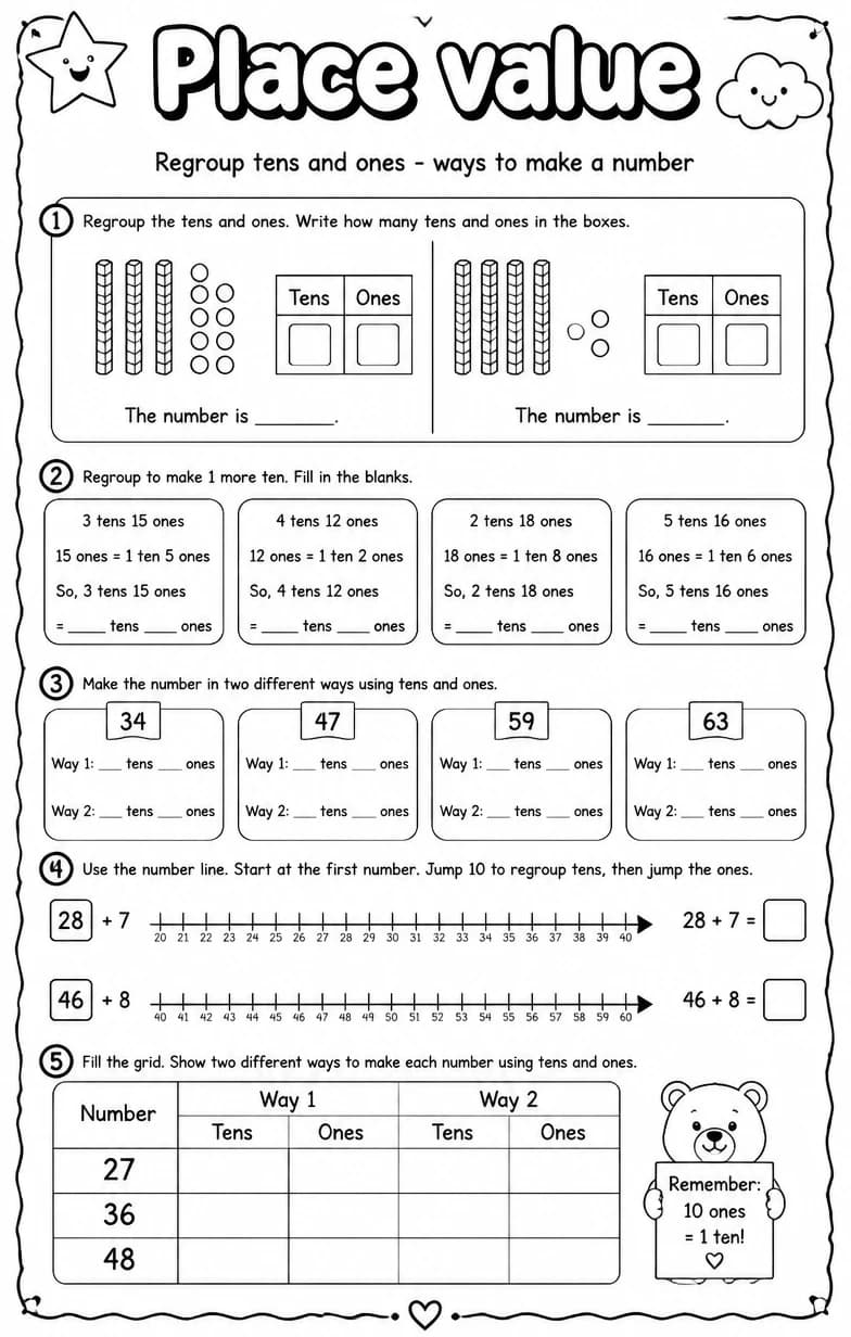 Regroup tens and ones - ways to make a number — free printable Grade 2 Math worksheet