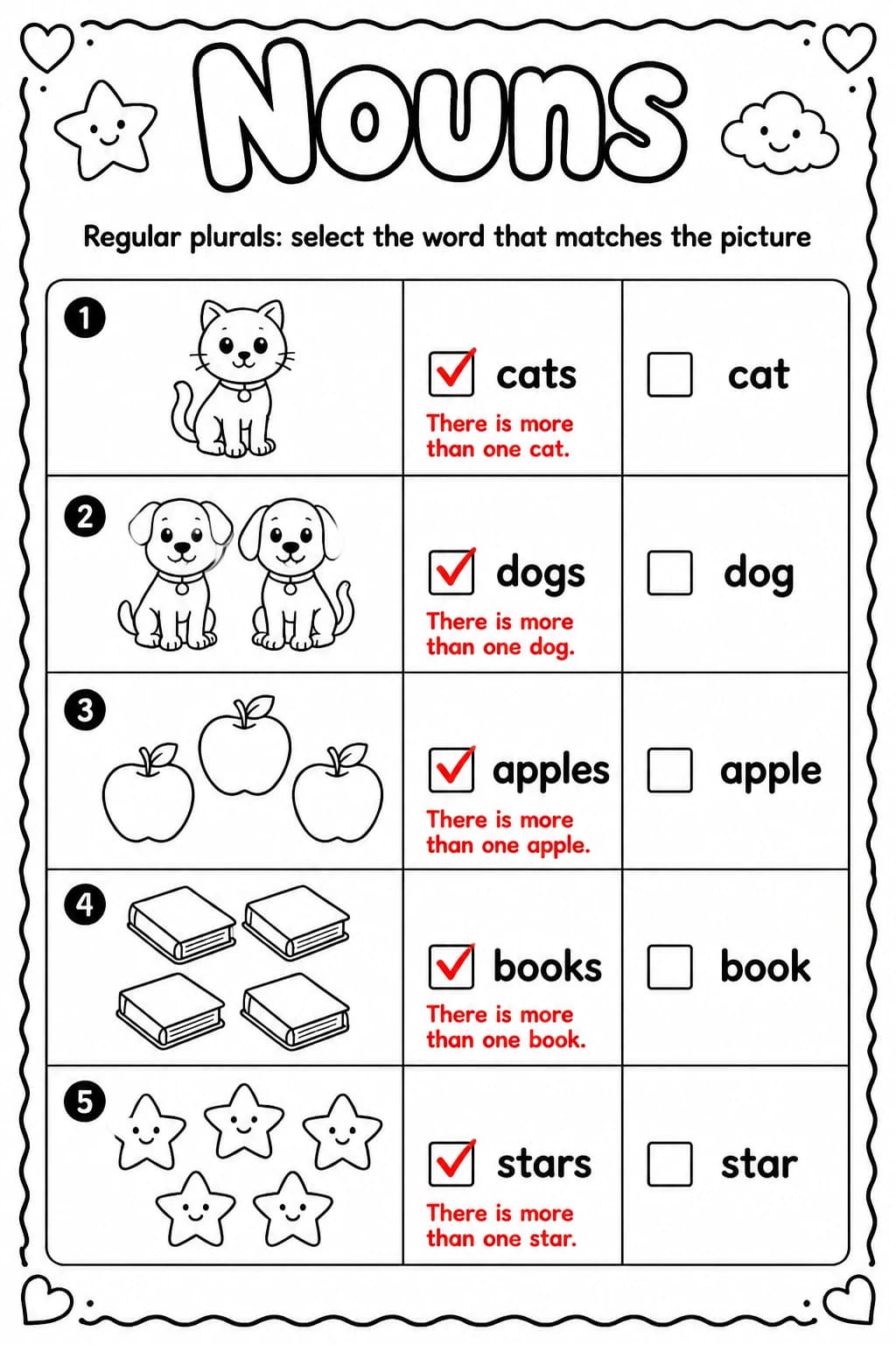 Answer key for Regular plurals: select the word that matches the picture — free printable English & Reading worksheet