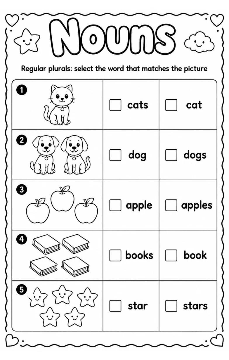 Regular plurals: select the word that matches the picture — free printable Grammar and mechanics English worksheet
