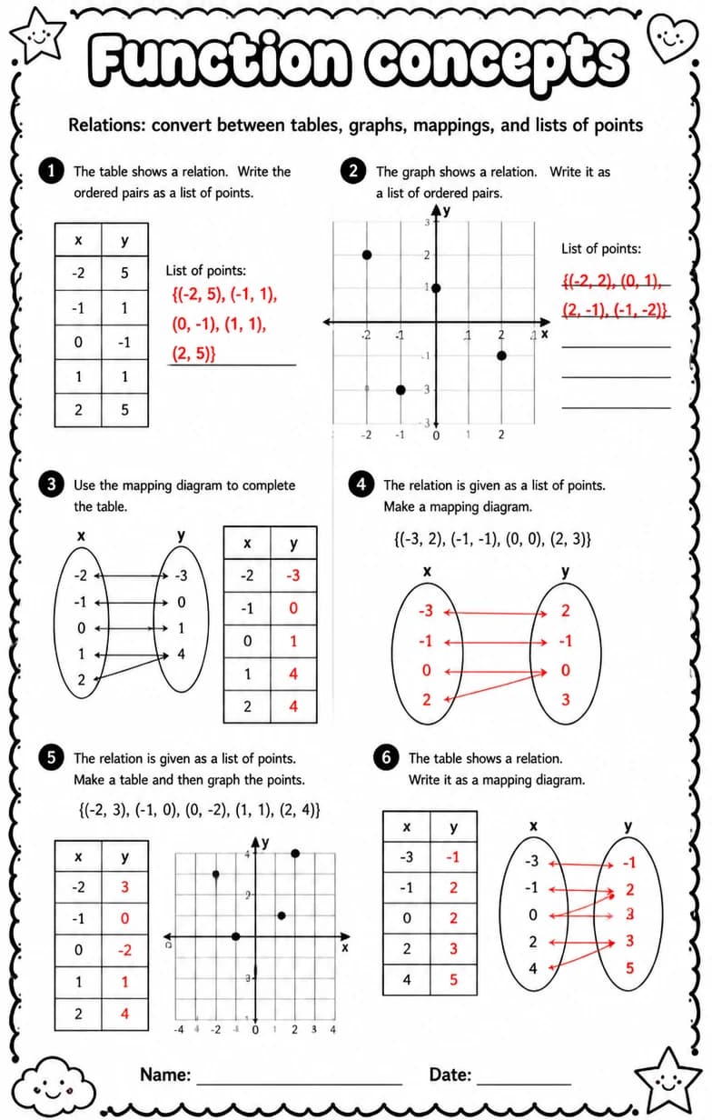 Answer key for Relations: convert between tables, graphs, mappings, and lists of points — free printable Math worksheet