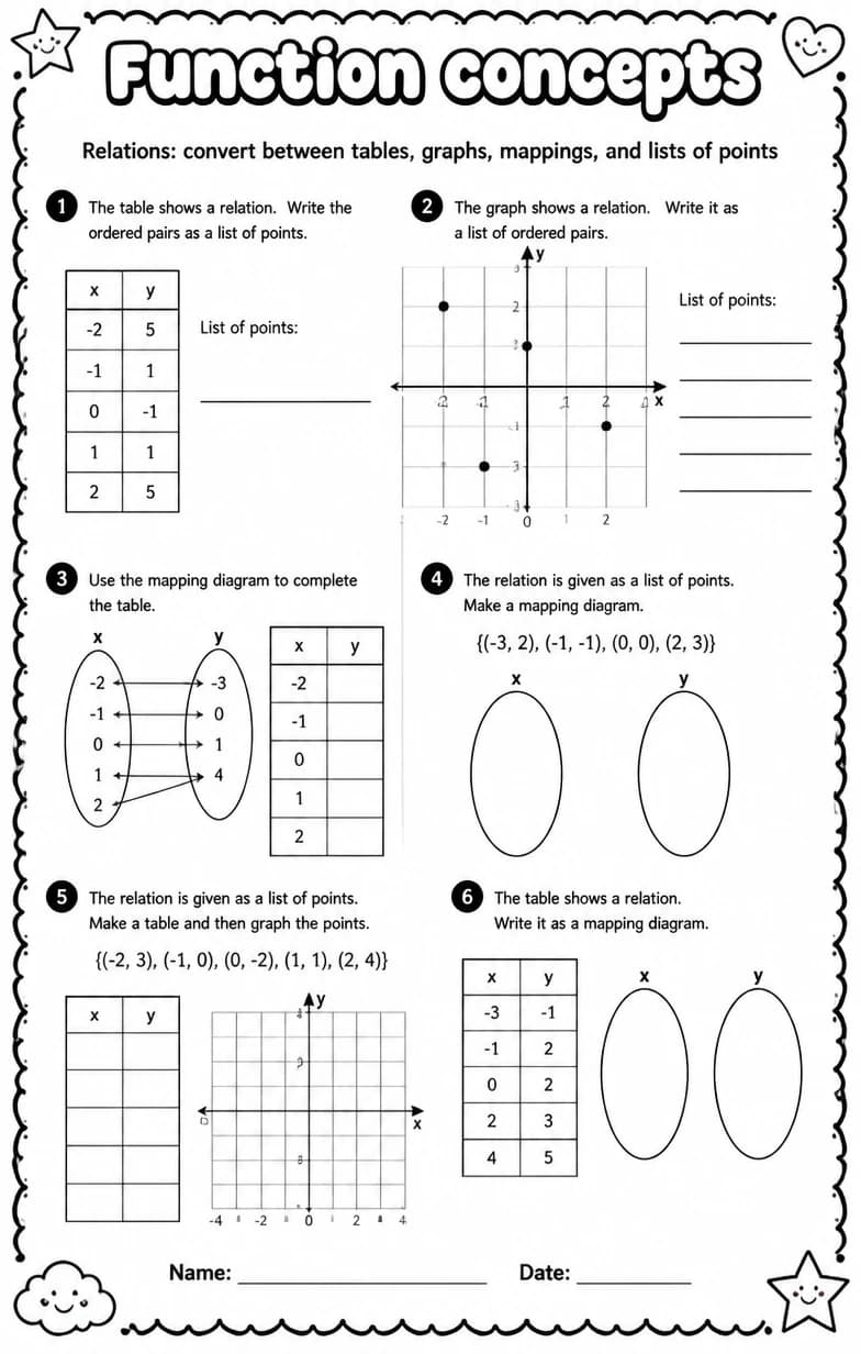 Relations: convert between tables, graphs, mappings, and lists of points — free printable Algebra 1 math worksheet