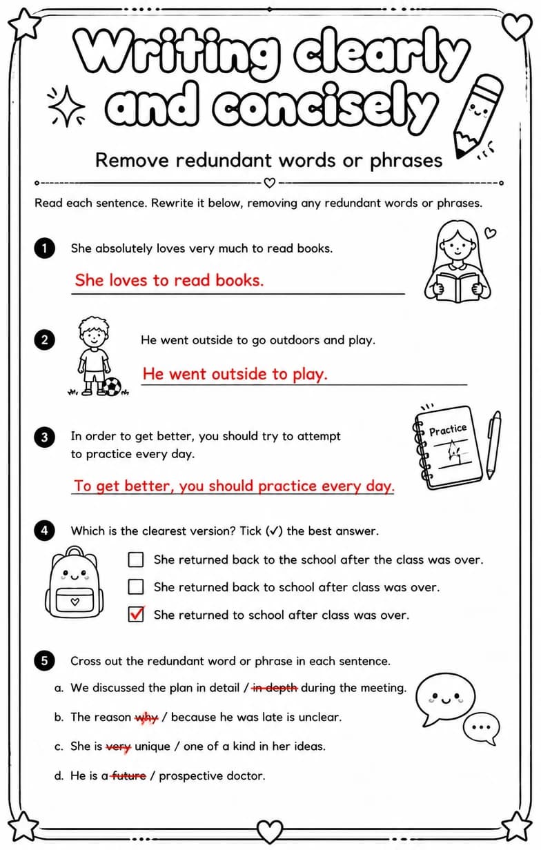 Answer key for Remove redundant words or phrases — free printable English & Reading worksheet