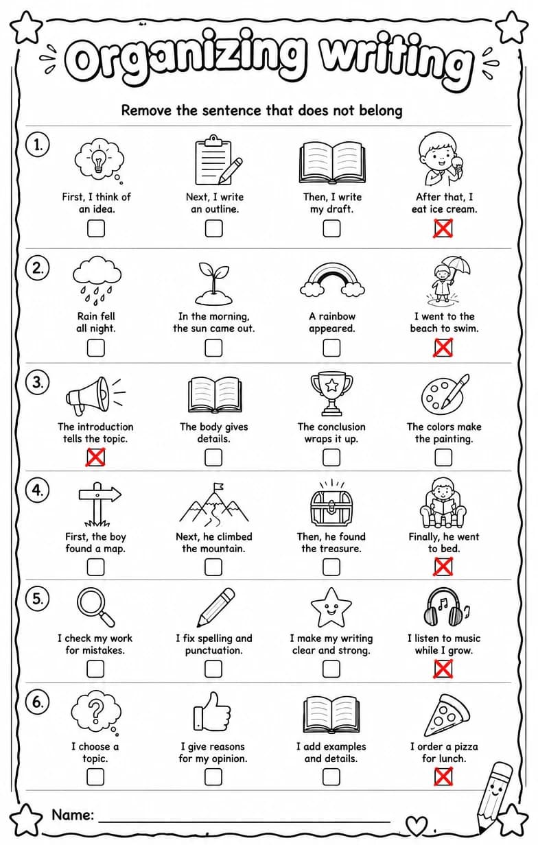 Answer key for Remove the sentence that does not belong — free printable English & Reading worksheet