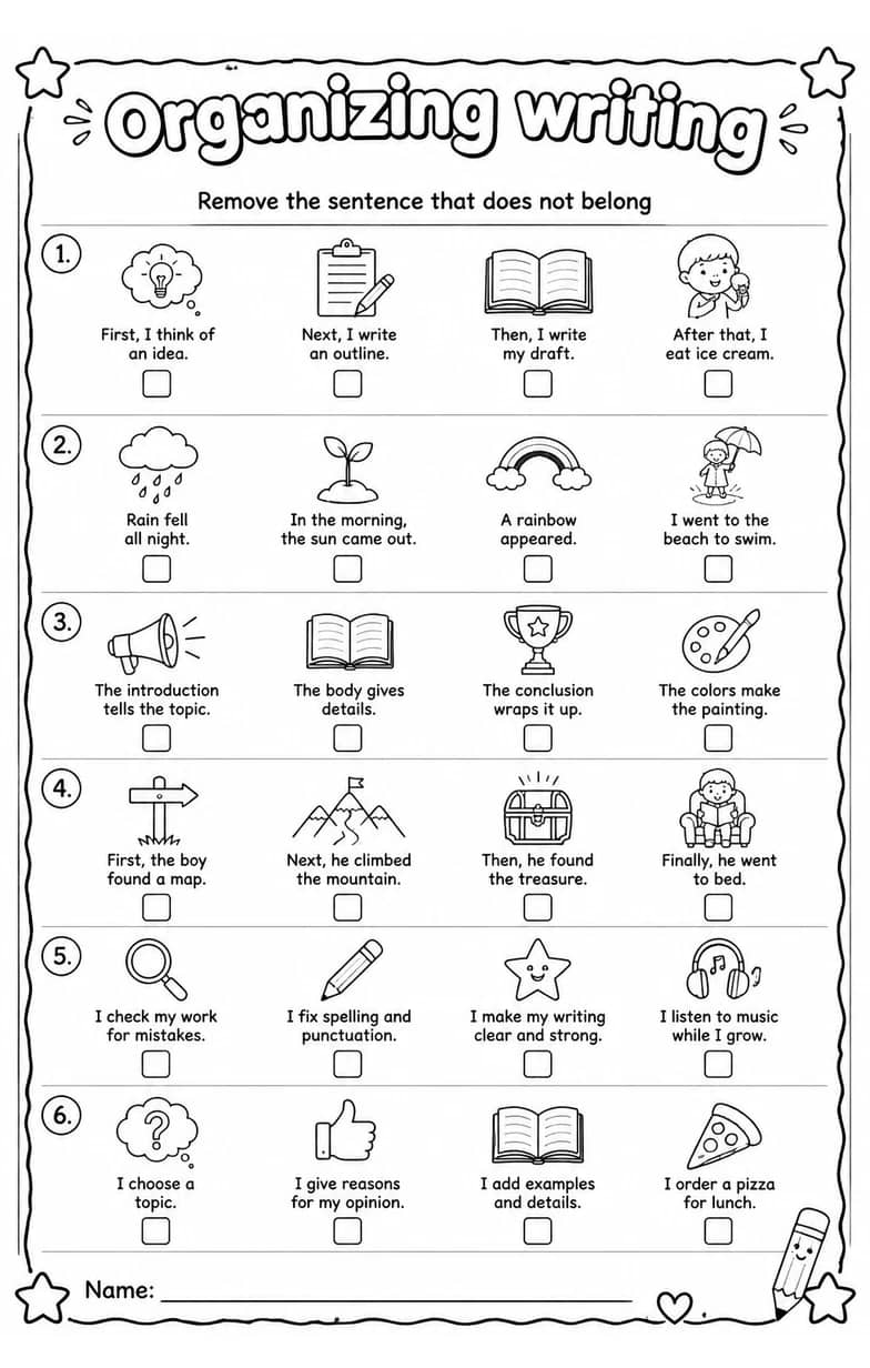 Remove the sentence that does not belong — free printable Writing strategies English worksheet
