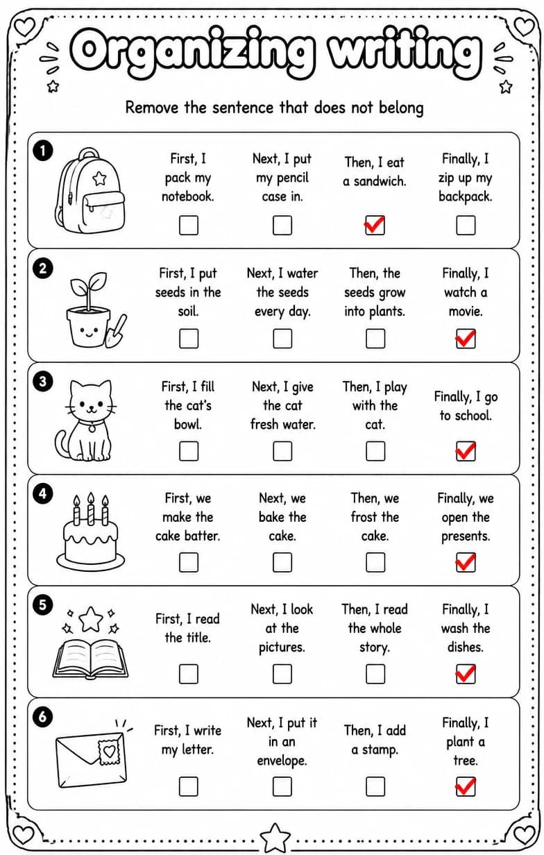 Answer key for Remove the sentence that does not belong — free printable English & Reading worksheet