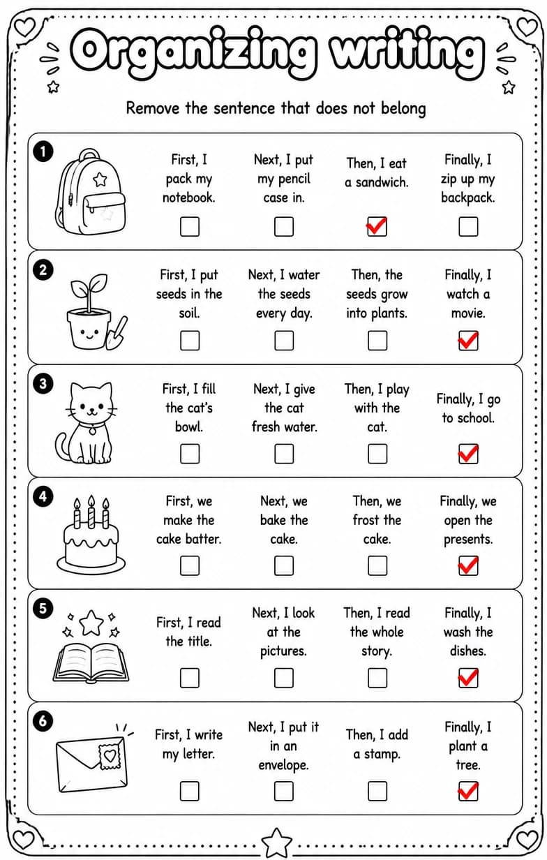 Answer key for Remove the sentence that does not belong — free printable English & Reading worksheet
