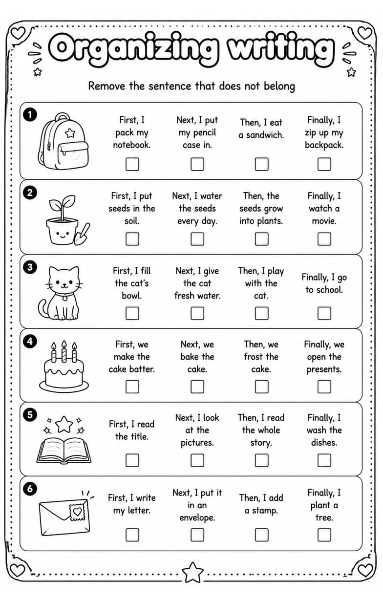 Remove the sentence that does not belong — free printable Grade 5 English & Reading worksheet