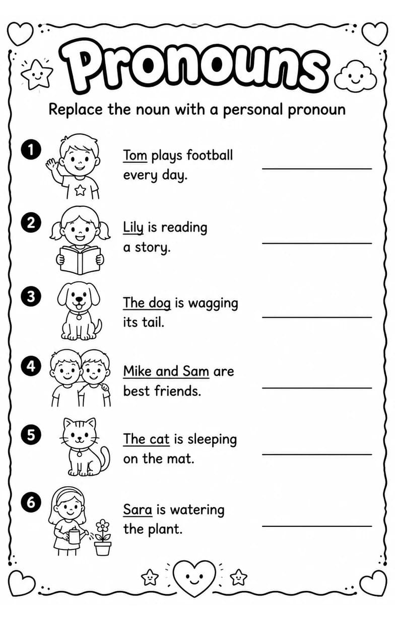 Replace the noun with a personal pronoun — free printable Grade 3 English & Reading worksheet