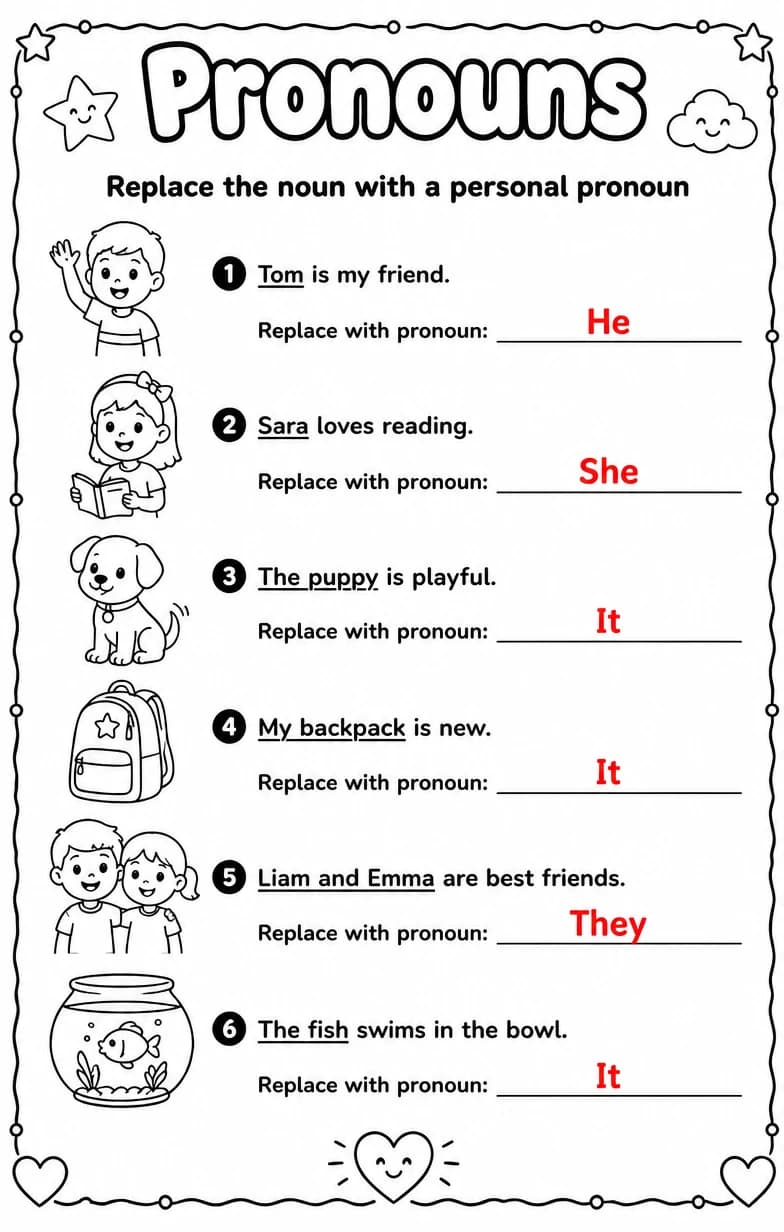 Answer key for Replace the noun with a personal pronoun — free printable English & Reading worksheet