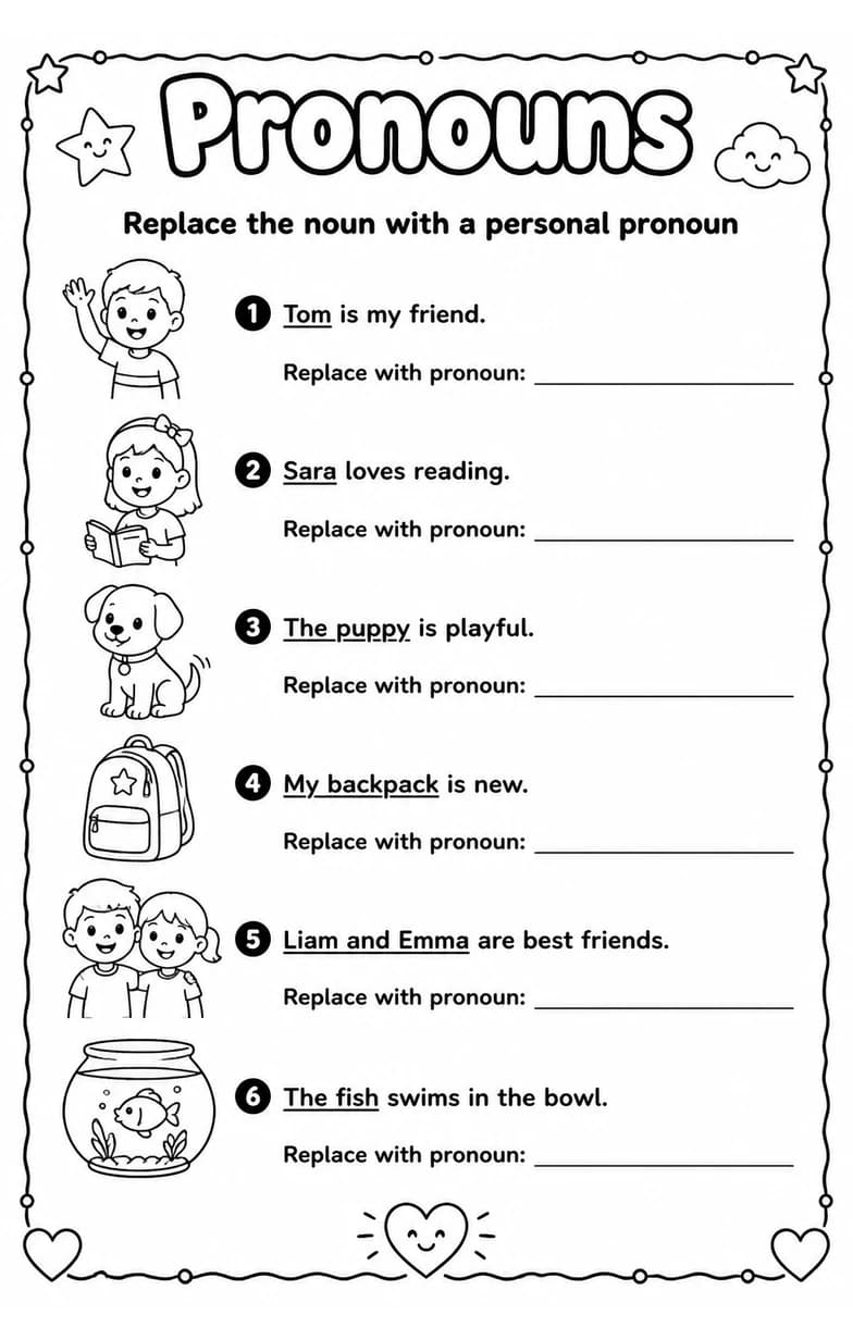 Replace the noun with a personal pronoun — free printable Grammar and mechanics English worksheet