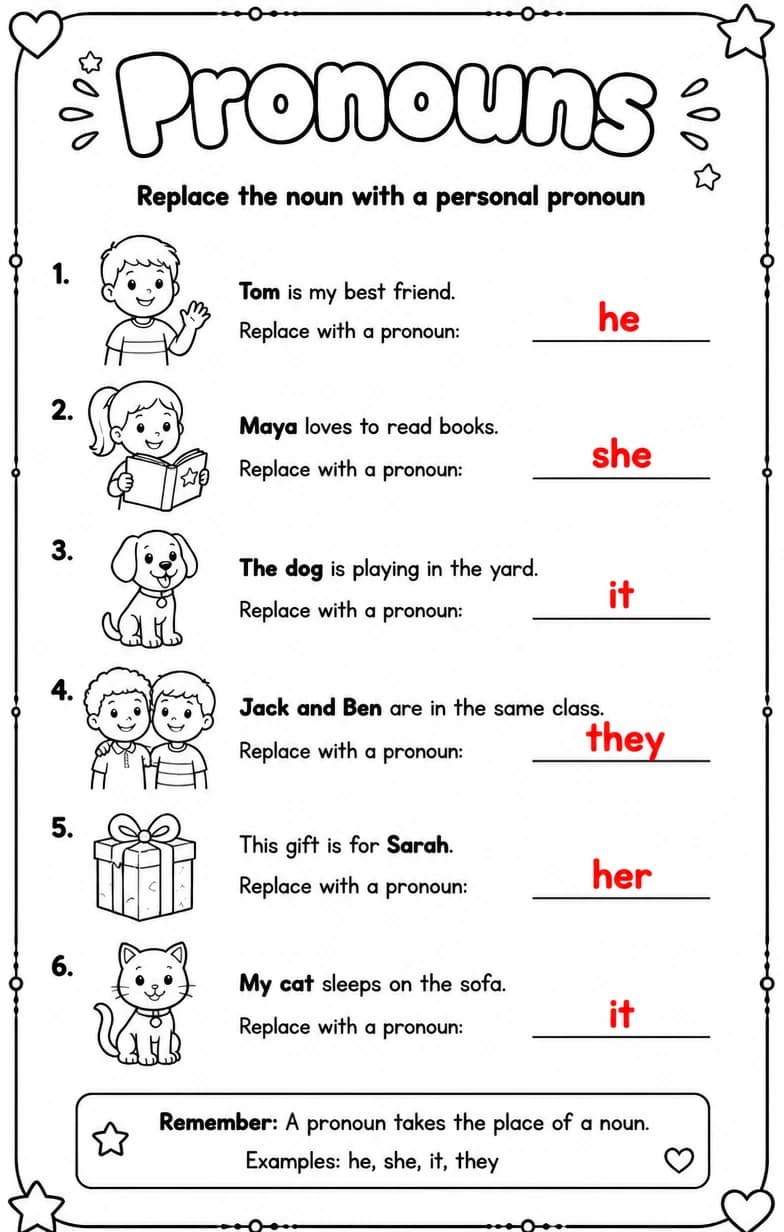 Answer key for Replace the noun with a personal pronoun — free printable English & Reading worksheet