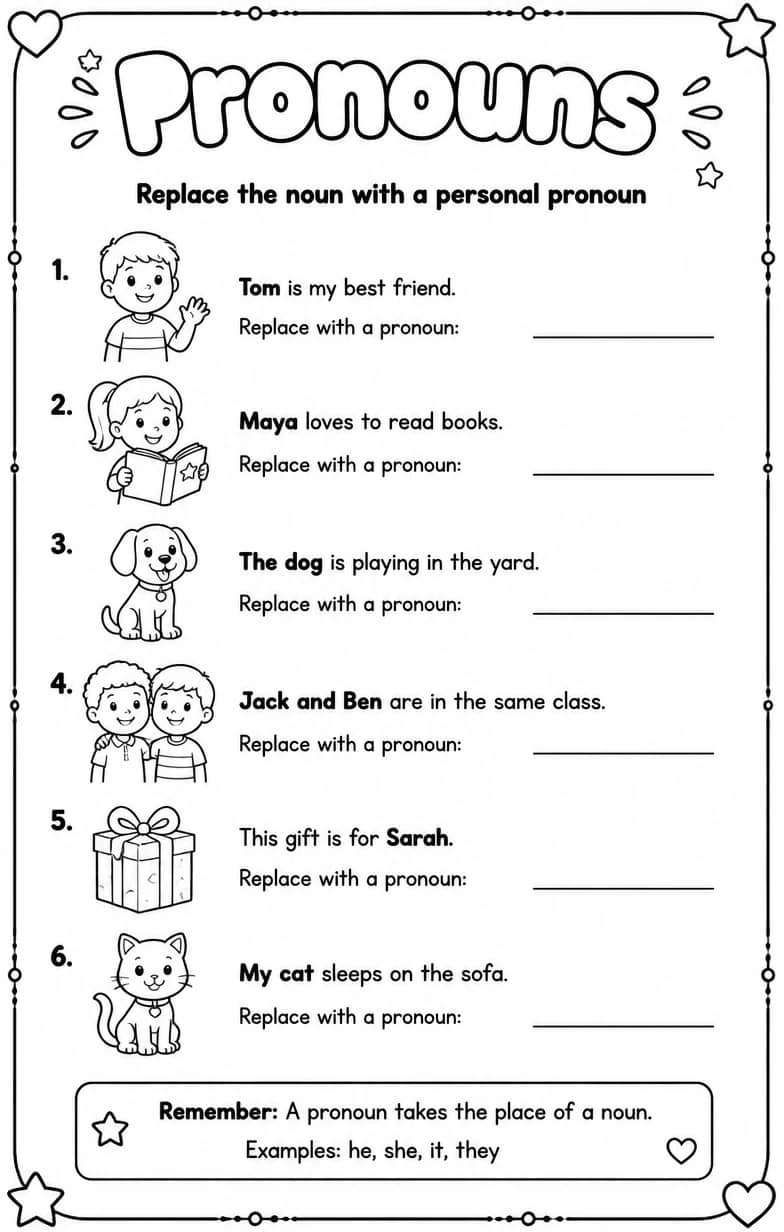 Replace the noun with a personal pronoun — free printable Grammar and mechanics English worksheet
