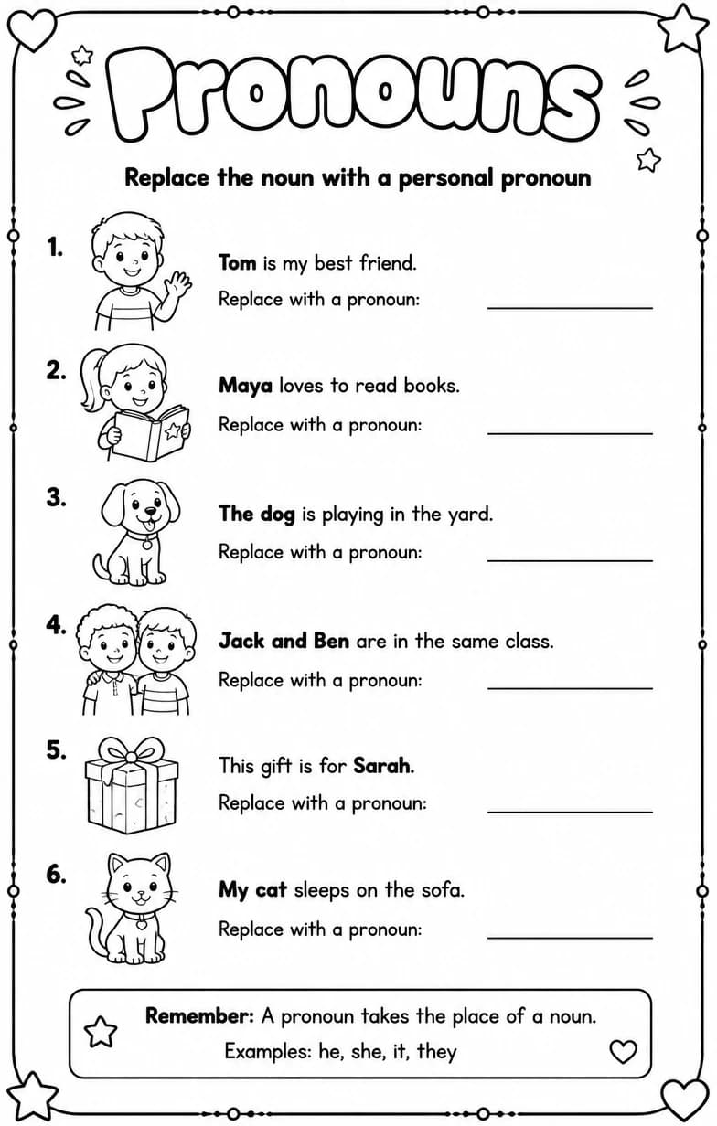 Replace the noun with a personal pronoun — free printable Grade 5 English & Reading worksheet