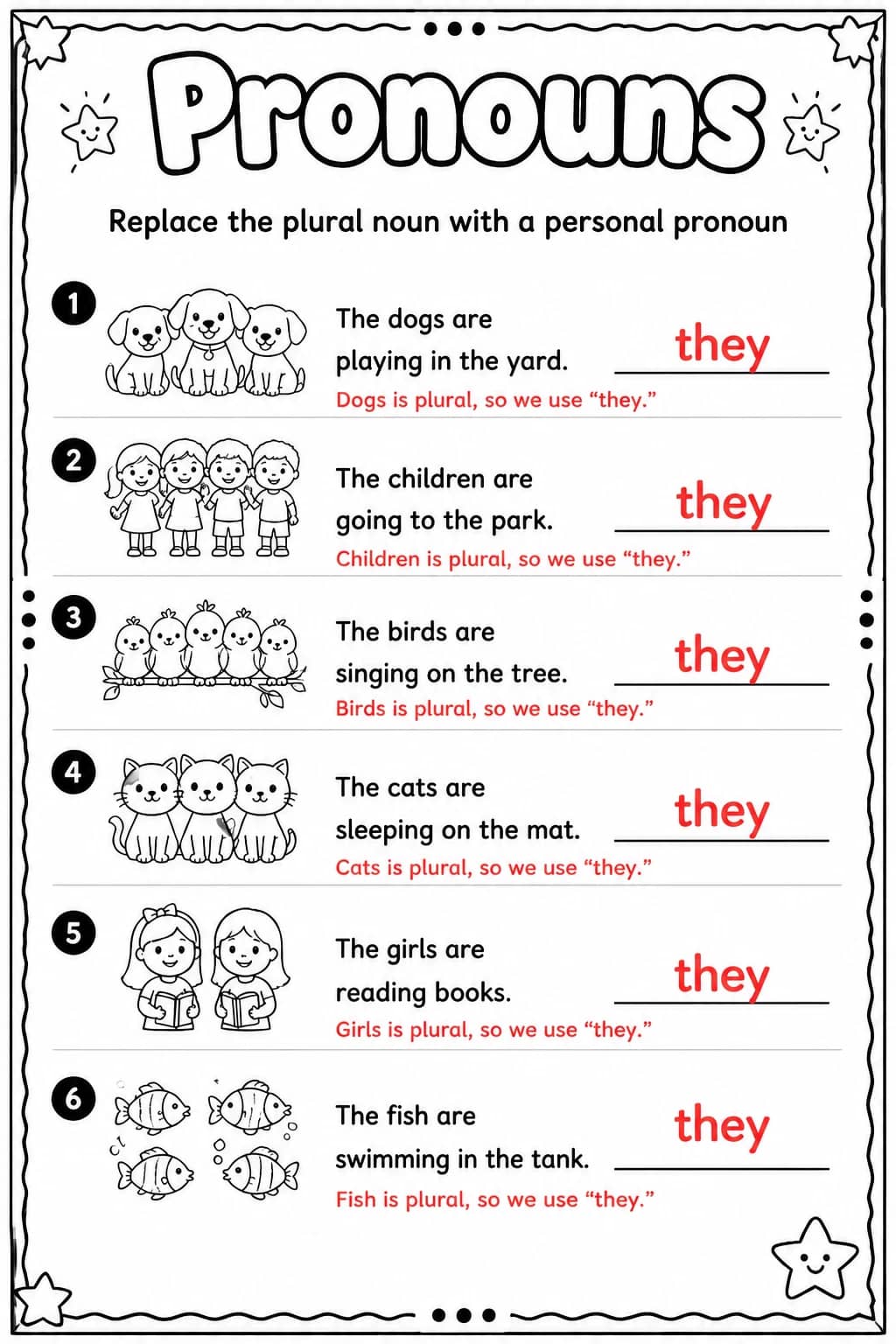 Answer key for Replace the plural noun with a personal pronoun — free printable English & Reading worksheet