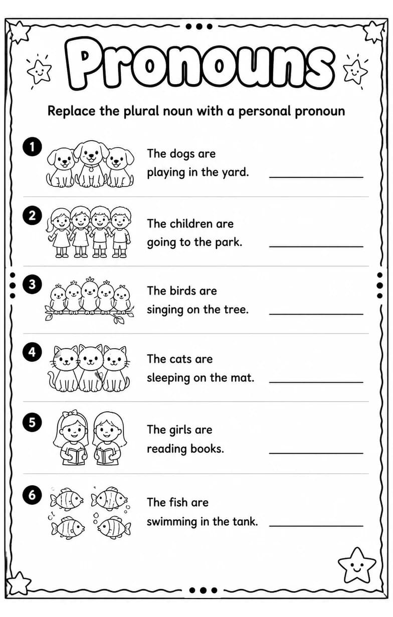 Replace the plural noun with a personal pronoun — free printable Grade 2 English & Reading worksheet