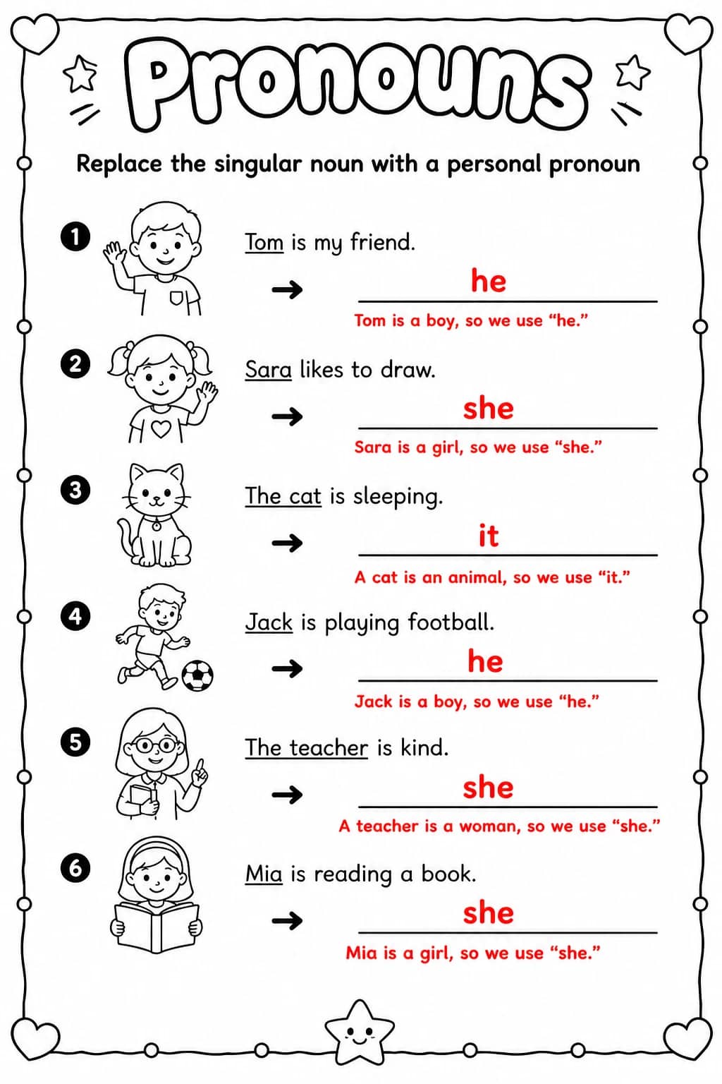 Answer key for Replace the singular noun with a personal pronoun — free printable English & Reading worksheet