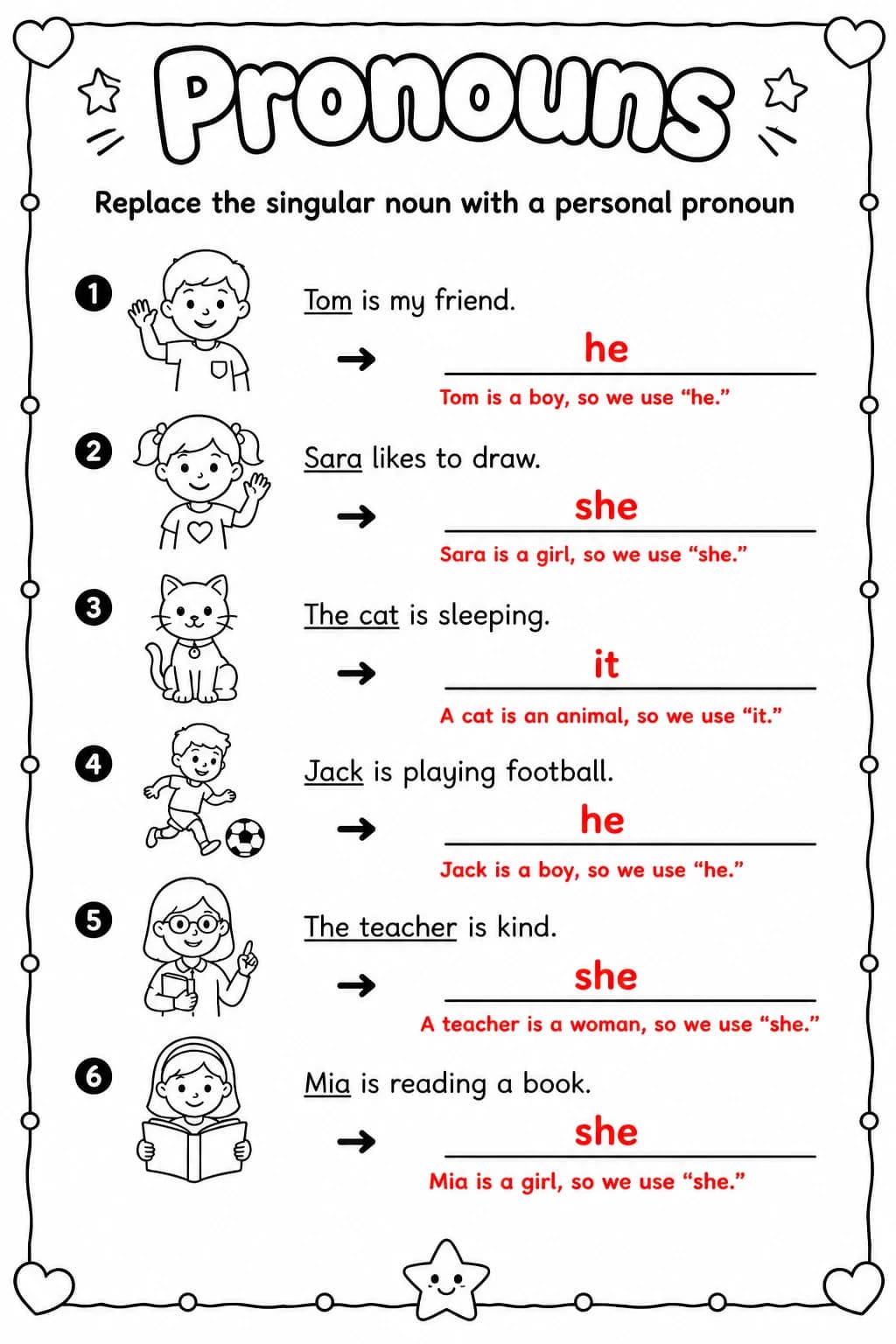 Answer key for Replace the singular noun with a personal pronoun — free printable English & Reading worksheet