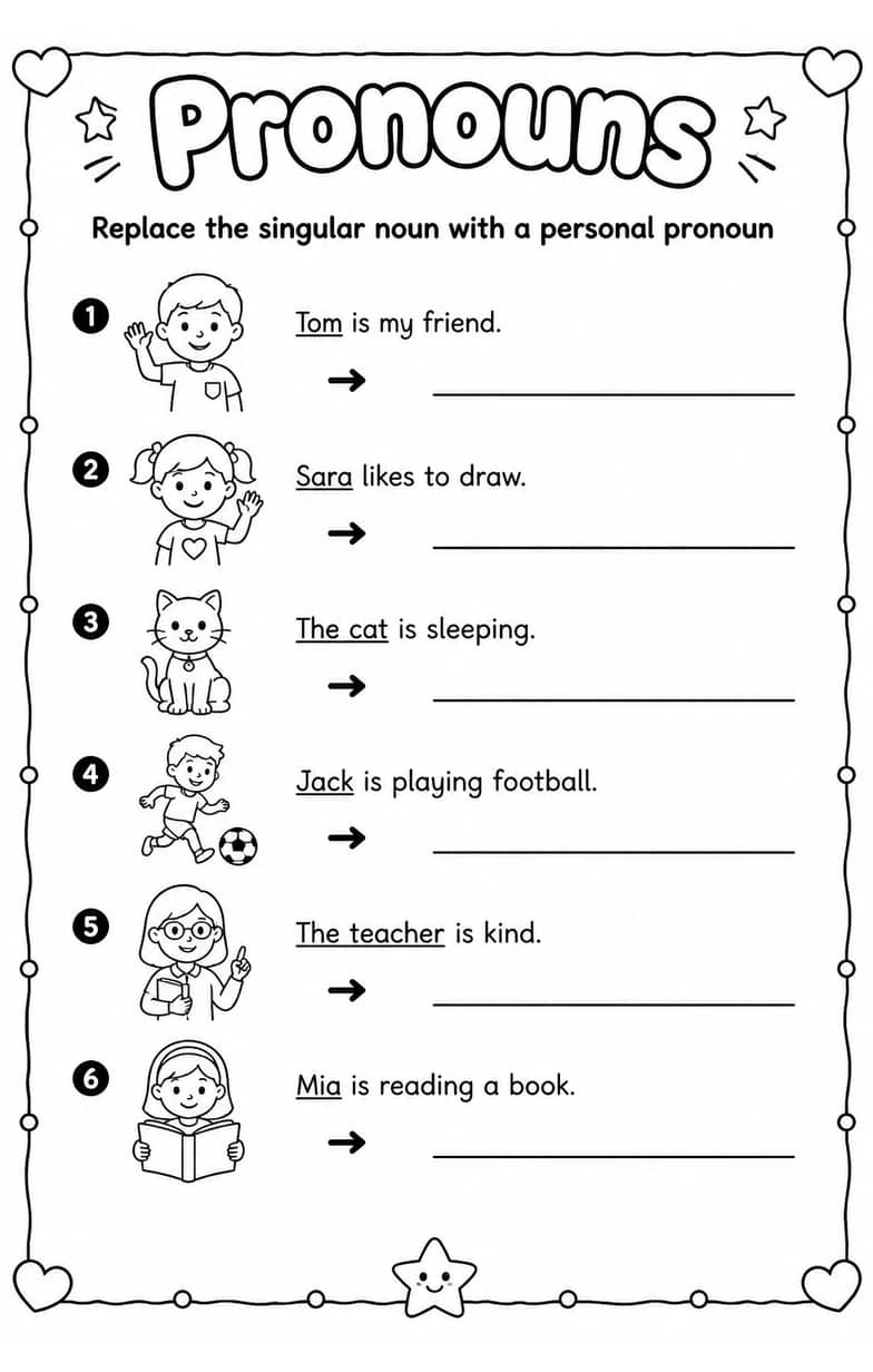 Replace the singular noun with a personal pronoun — free printable Grammar and mechanics English worksheet