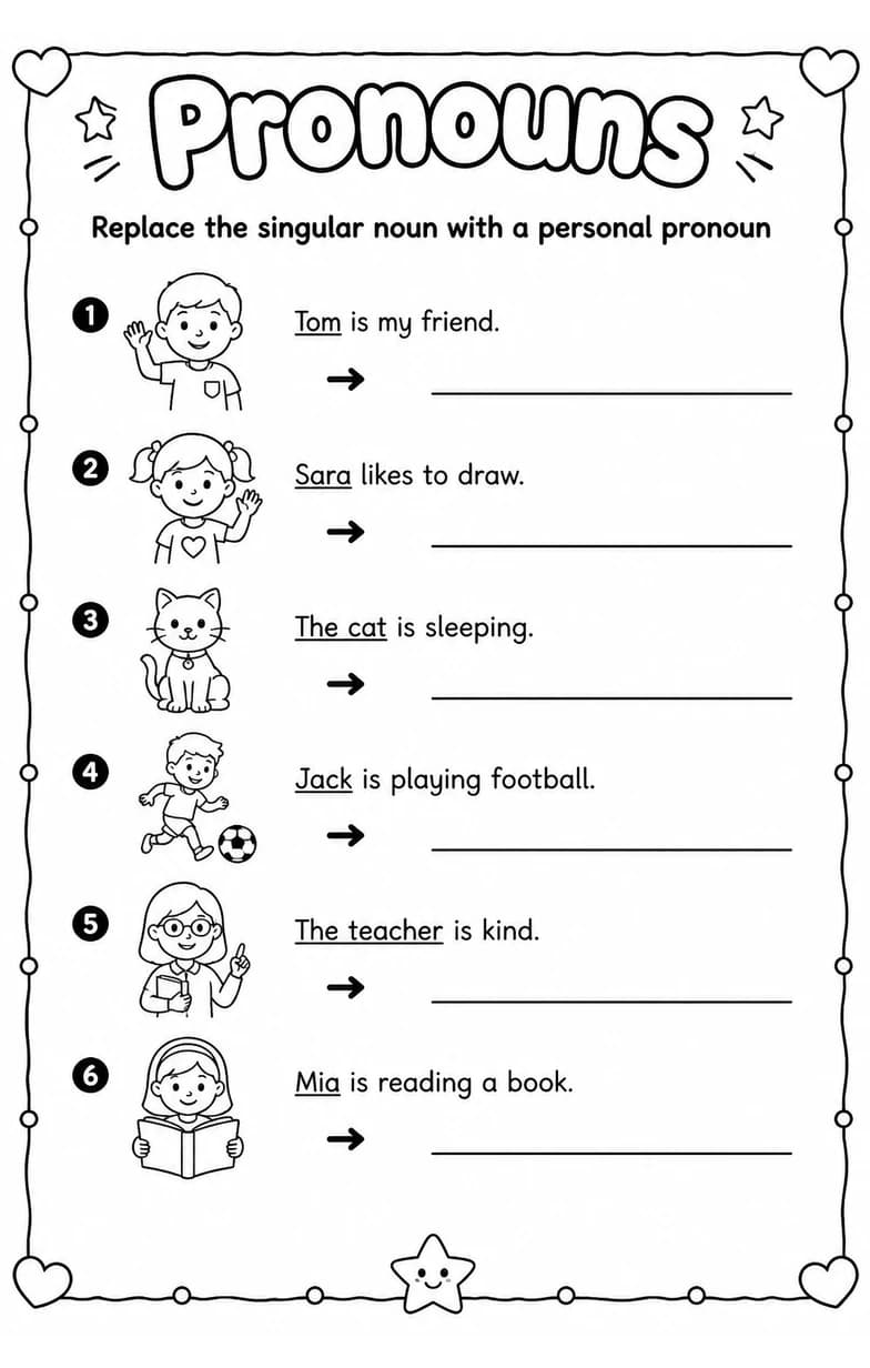 Replace the singular noun with a personal pronoun — free printable Grade 2 English & Reading worksheet