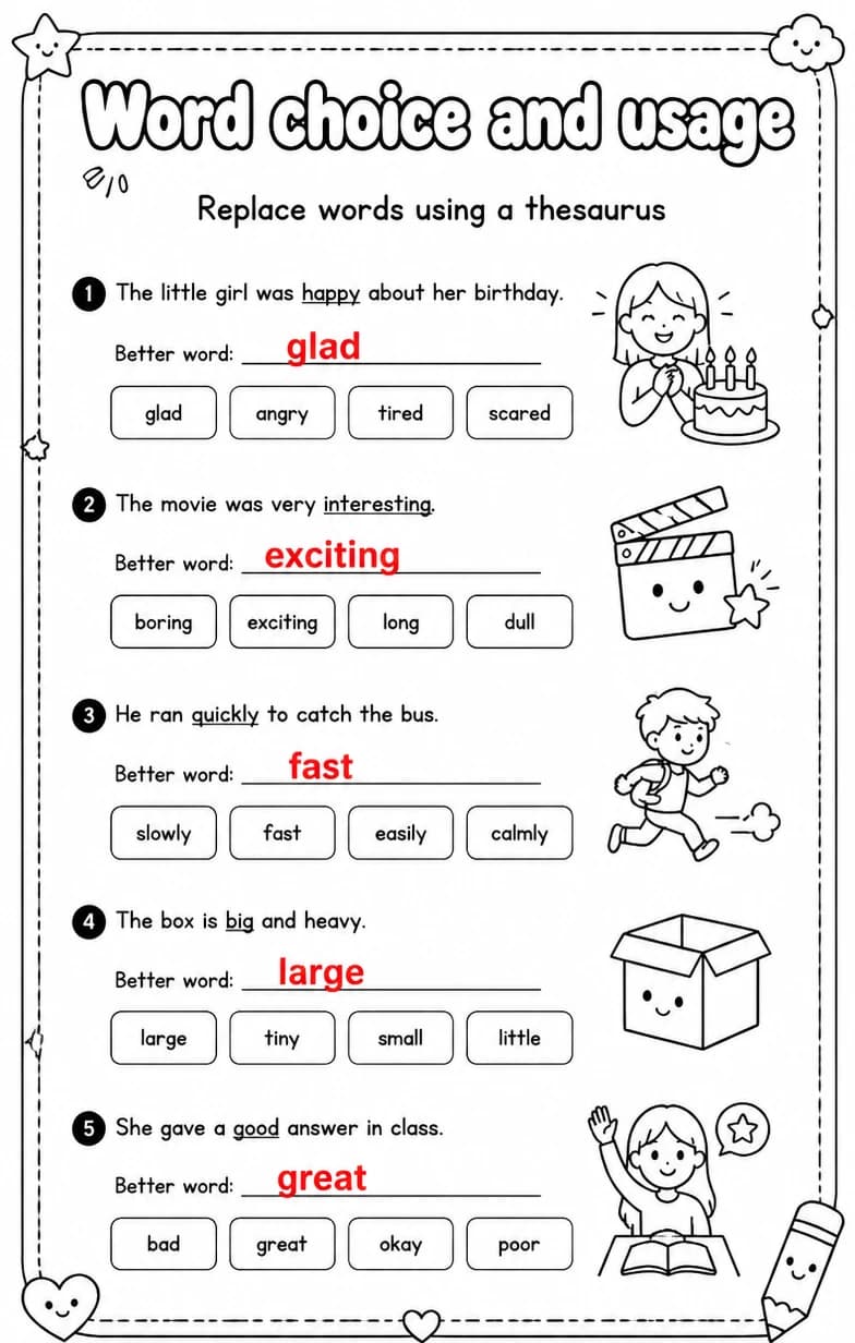 Answer key for Replace words using a thesaurus — free printable English & Reading worksheet