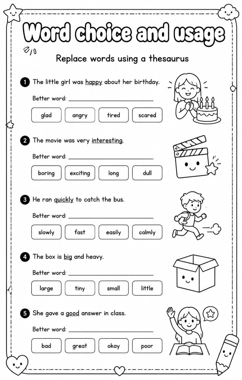 Replace words using a thesaurus — free printable Vocabulary English worksheet