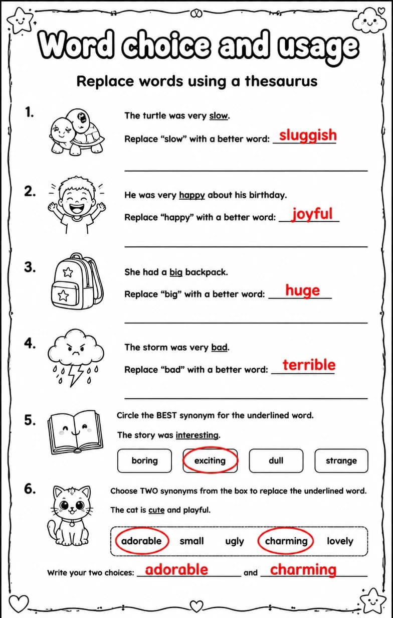 Answer key for Replace words using a thesaurus — free printable English & Reading worksheet