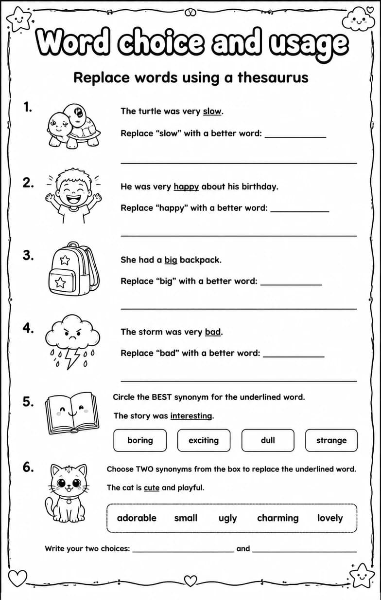 Replace words using a thesaurus — free printable Vocabulary English worksheet