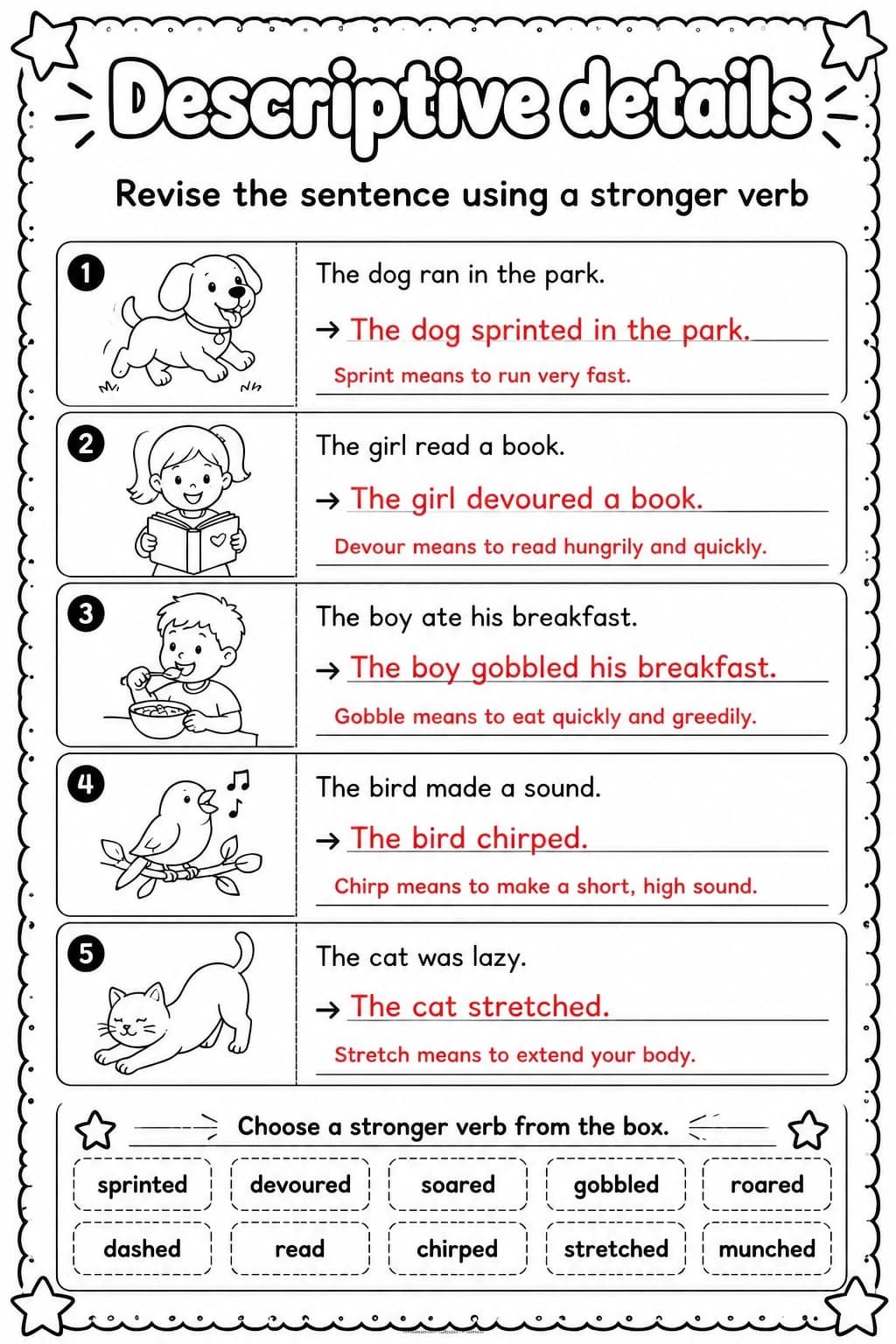 Answer key for Revise the sentence using a stronger verb — free printable English & Reading worksheet