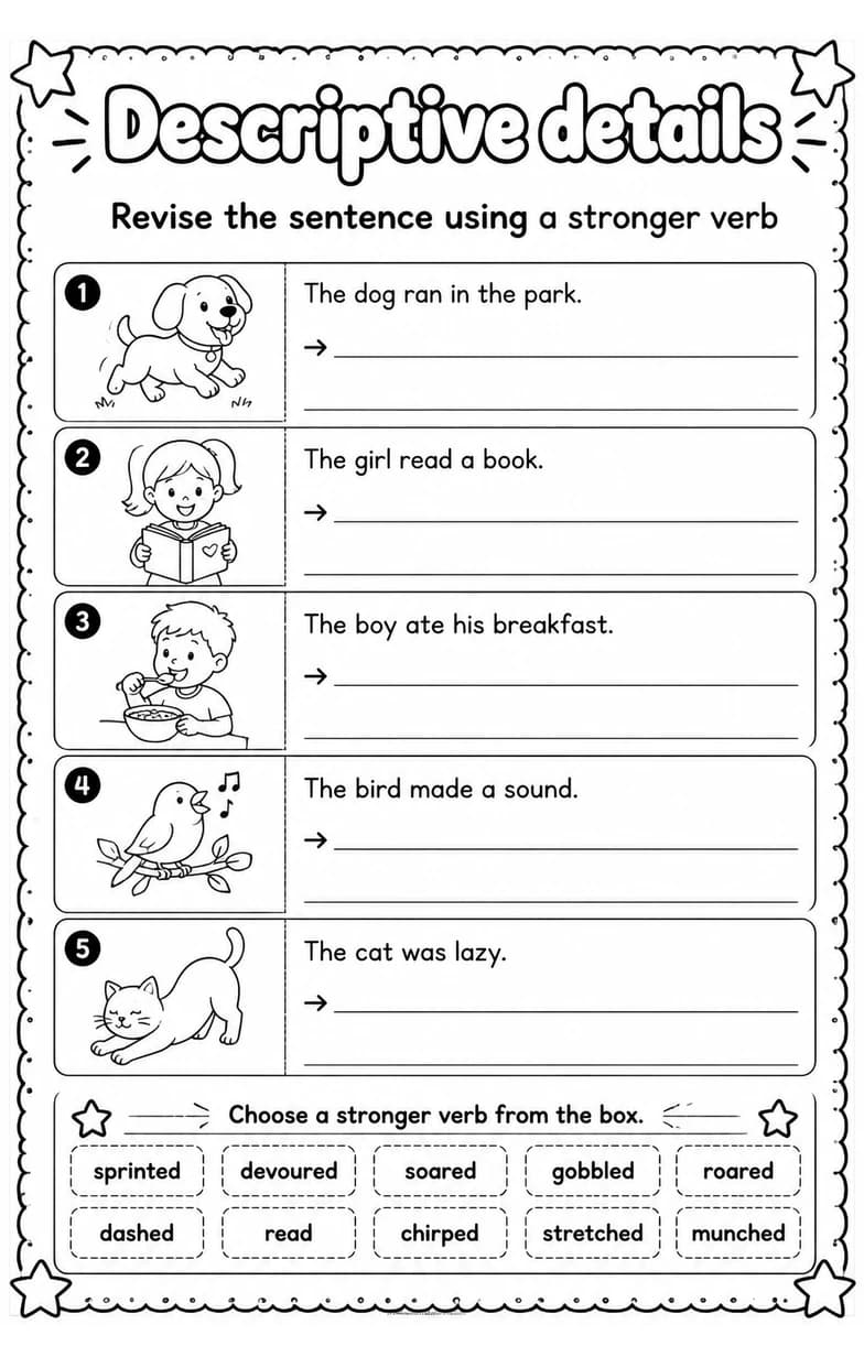Revise the sentence using a stronger verb — free printable Writing strategies English worksheet