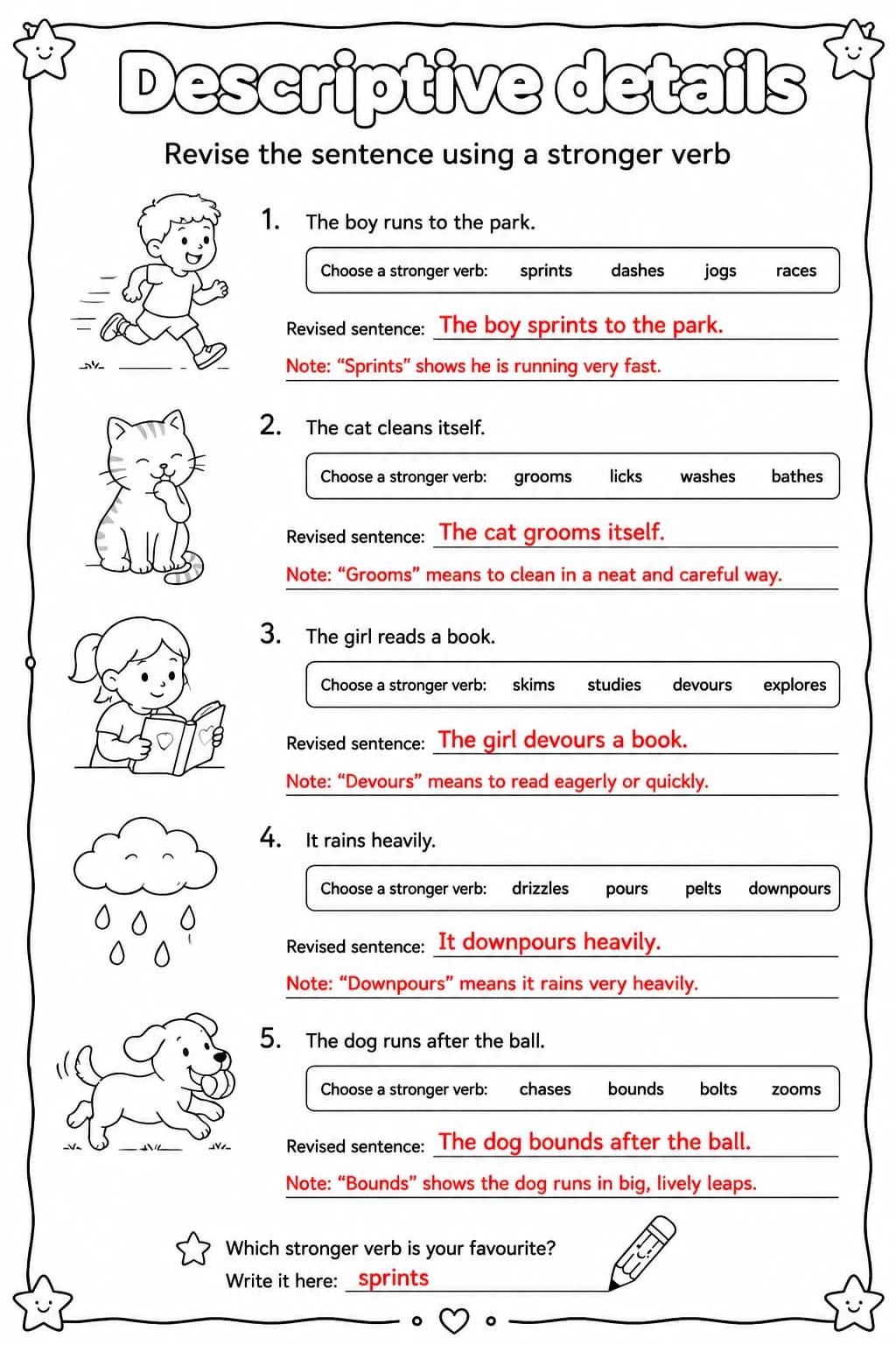 Answer key for Revise the sentence using a stronger verb — free printable English & Reading worksheet