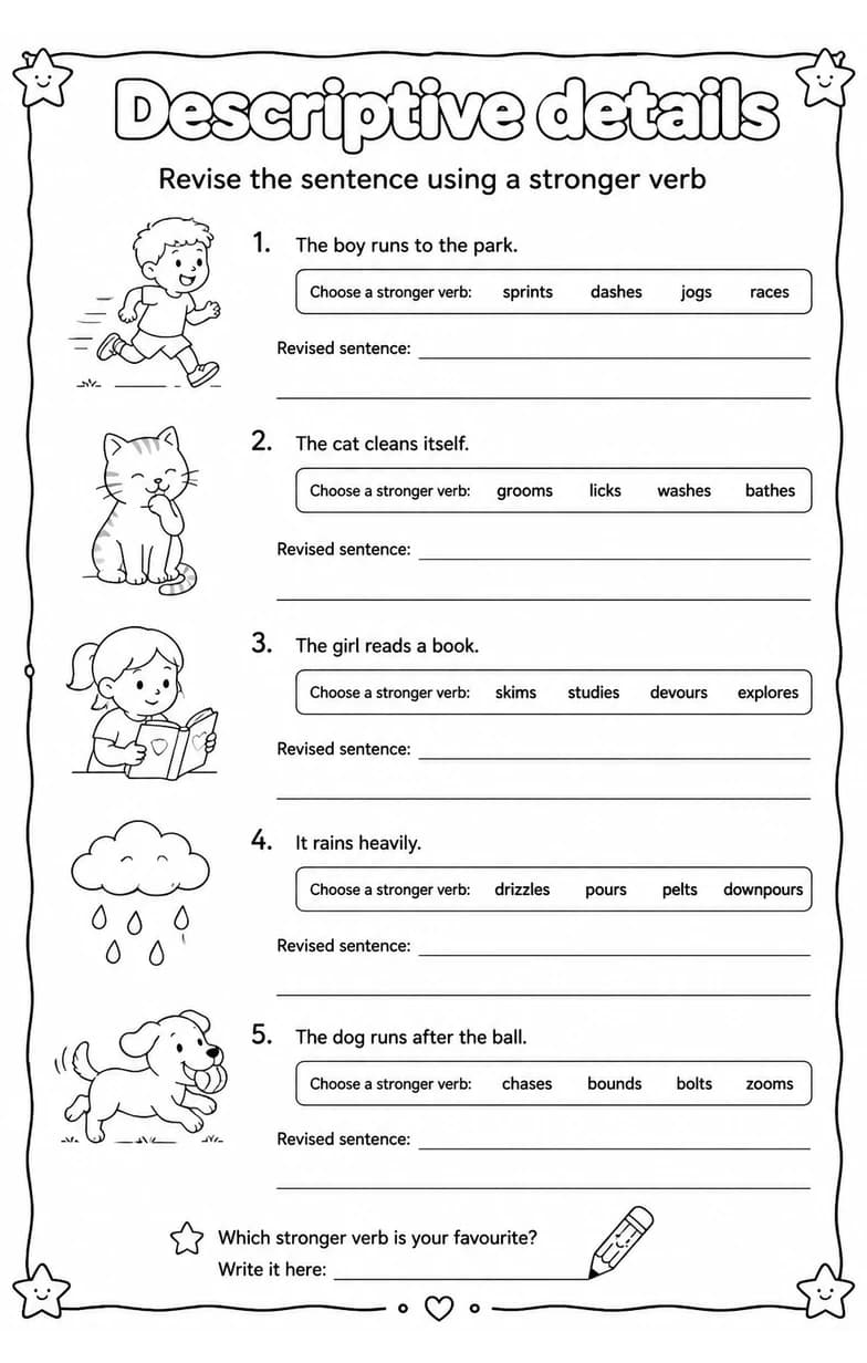 Revise the sentence using a stronger verb — free printable Writing strategies English worksheet