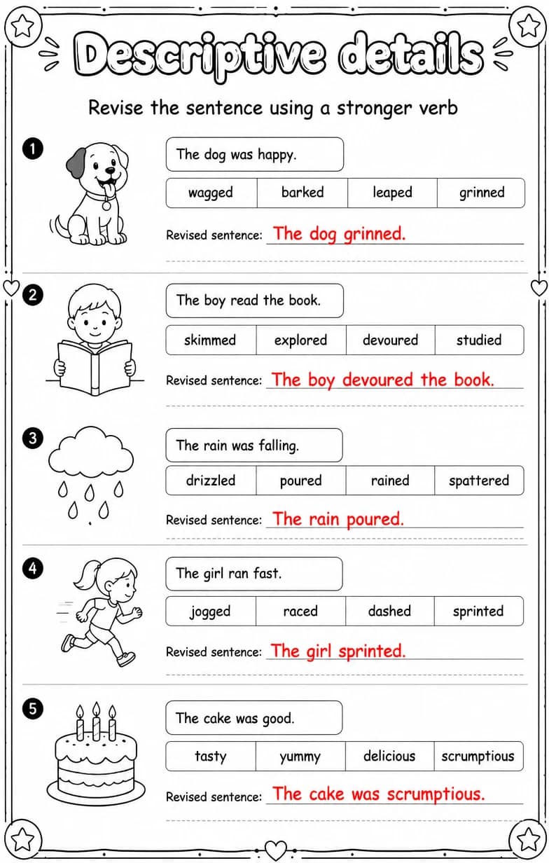 Answer key for Revise the sentence using a stronger verb — free printable English & Reading worksheet