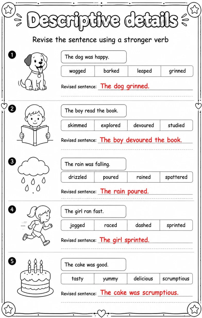 Answer key for Revise the sentence using a stronger verb — free printable English & Reading worksheet