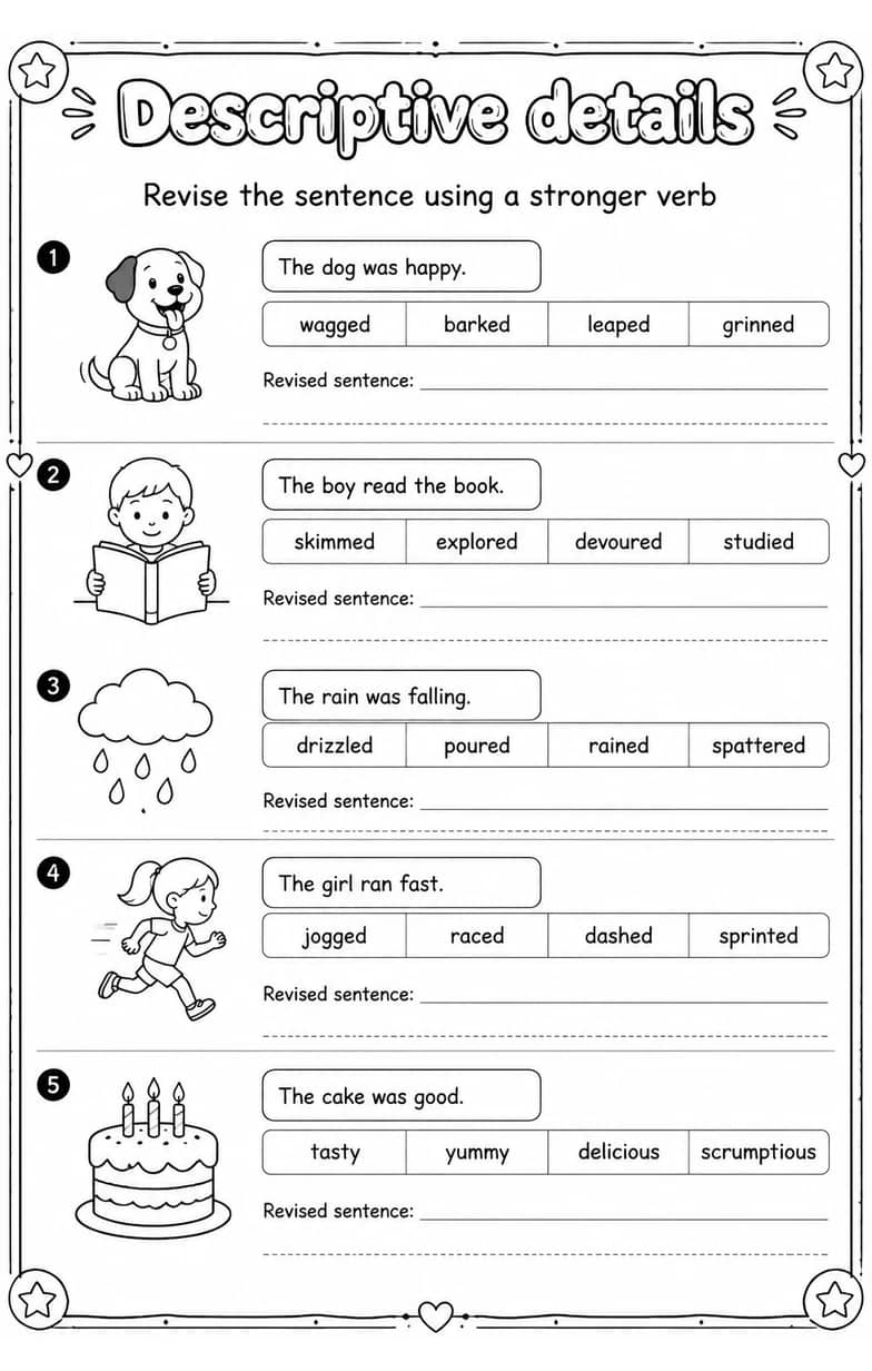 Revise the sentence using a stronger verb — free printable Writing strategies English worksheet