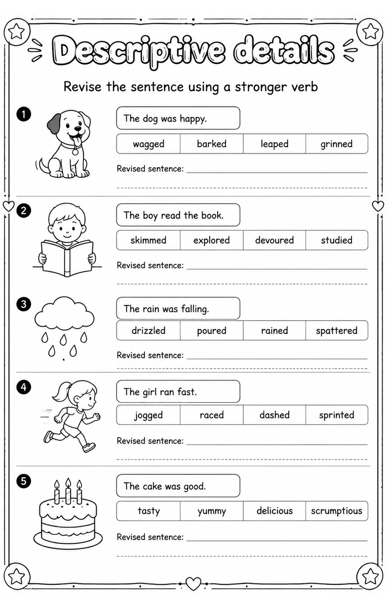 Revise the sentence using a stronger verb — free printable Grade 4 English & Reading worksheet