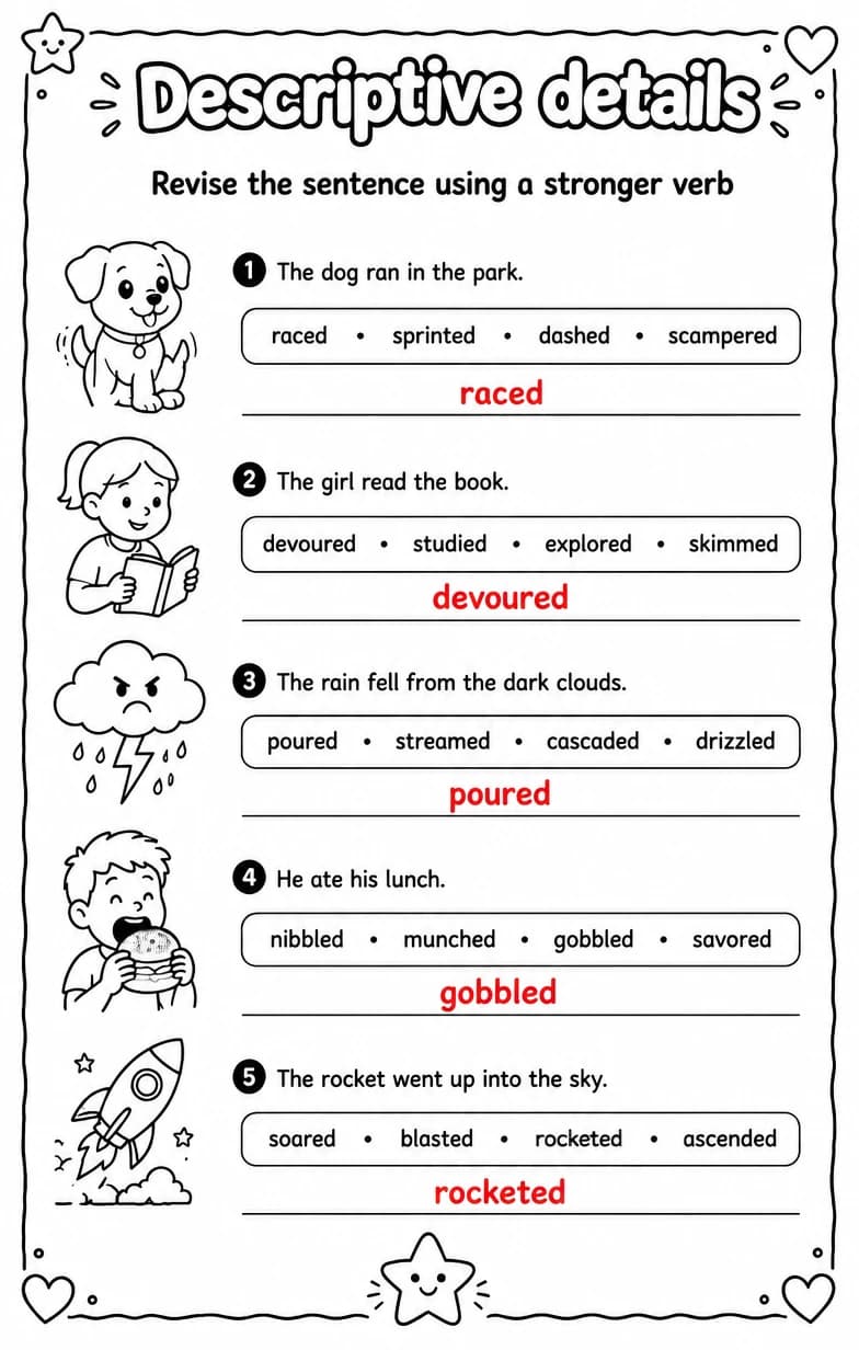 Answer key for Revise the sentence using a stronger verb — free printable English & Reading worksheet