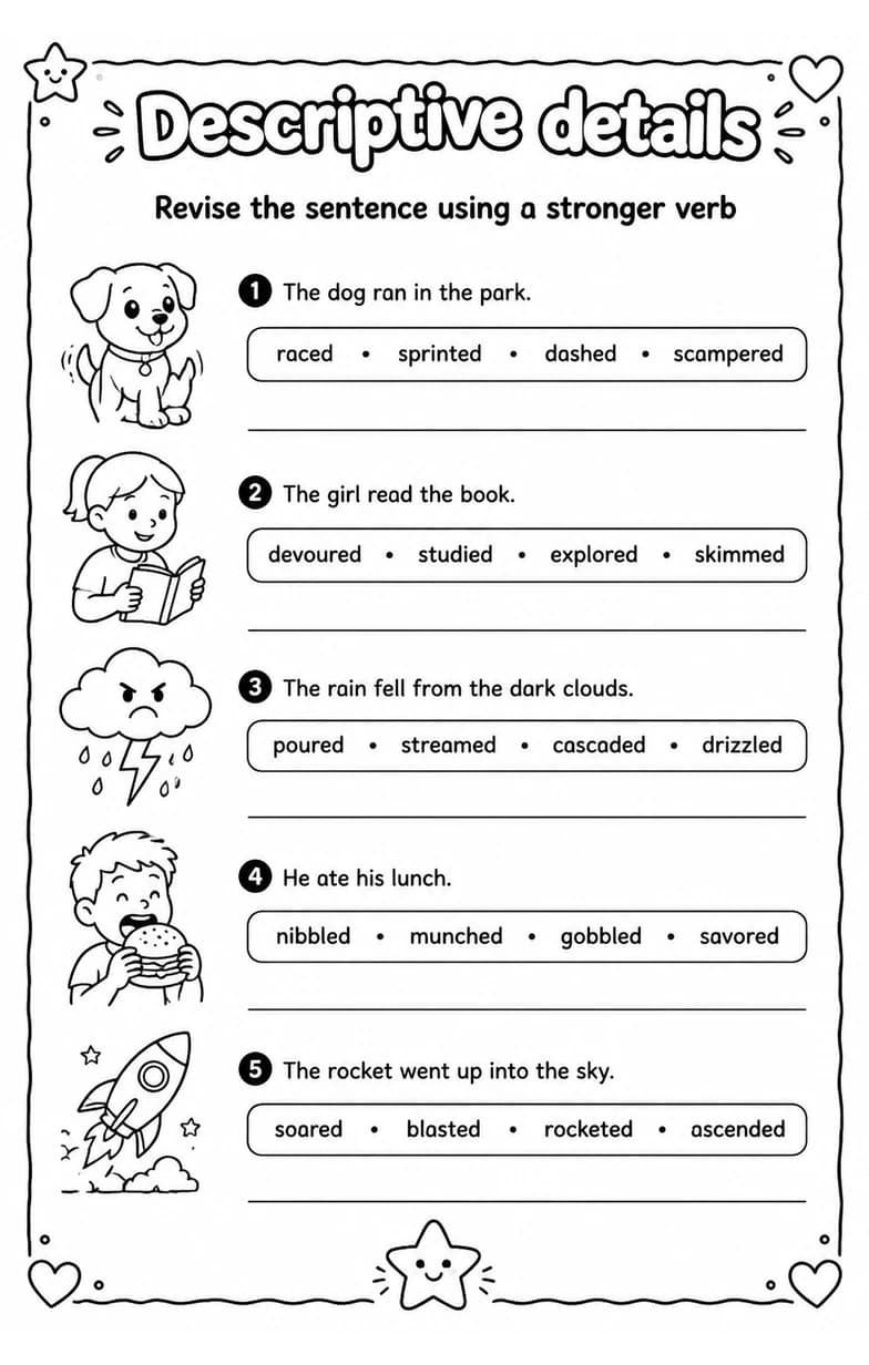 Revise the sentence using a stronger verb — free printable Writing strategies English worksheet