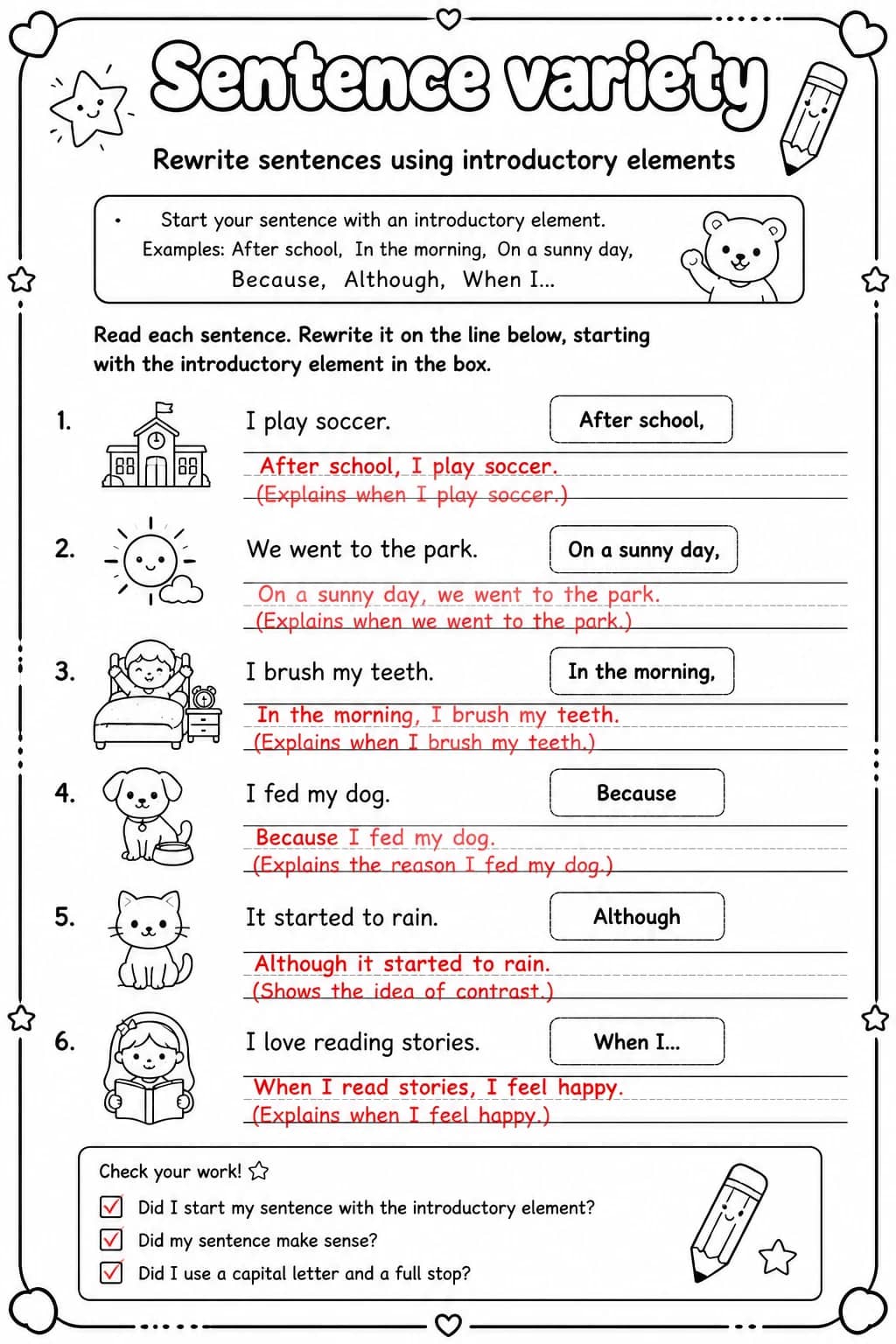 Answer key for Rewrite sentences using introductory elements — free printable English & Reading worksheet