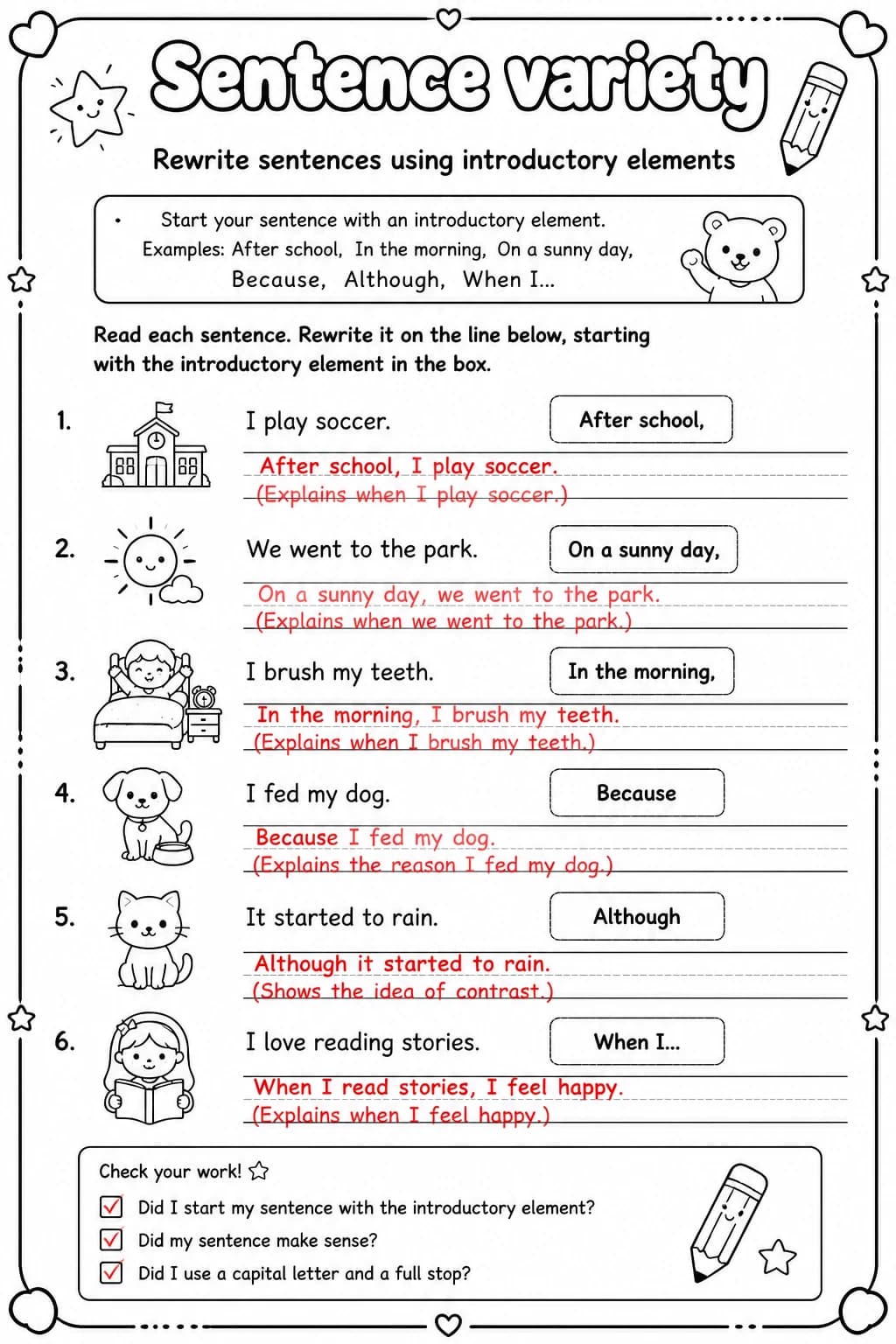 Answer key for Rewrite sentences using introductory elements — free printable English & Reading worksheet