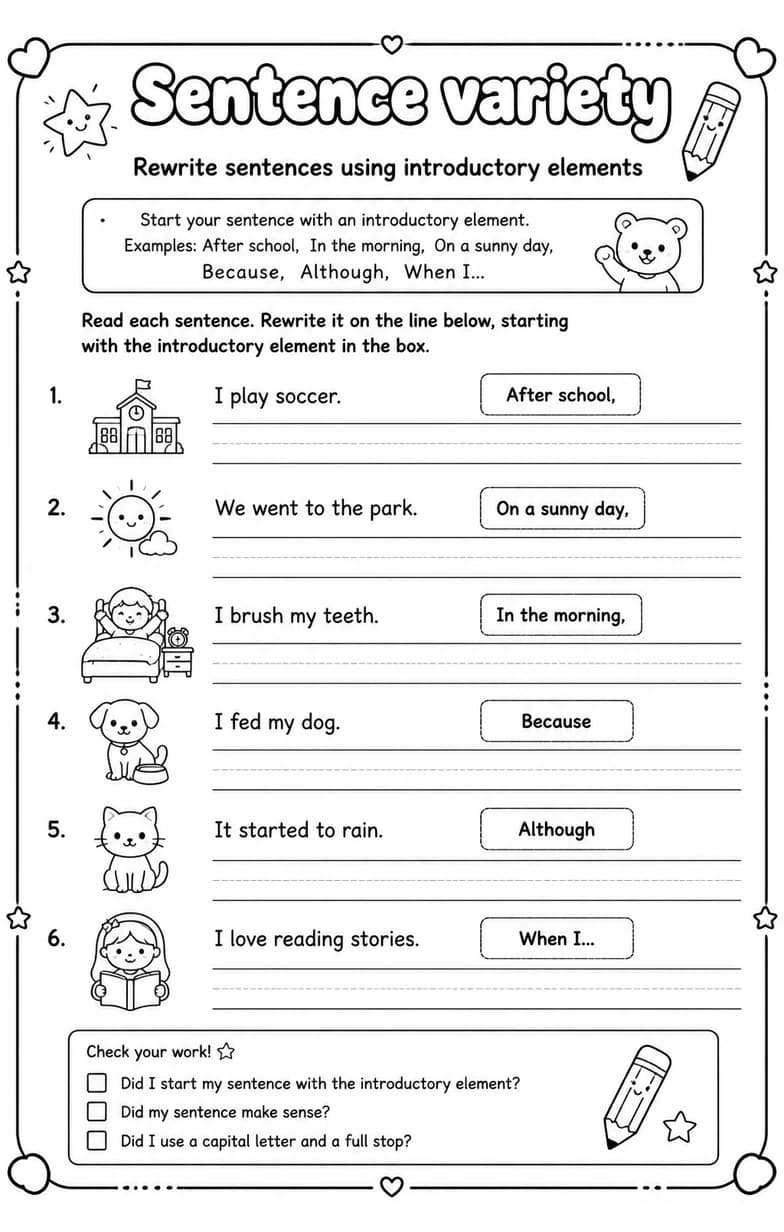 Rewrite sentences using introductory elements — free printable Grade 2 English & Reading worksheet